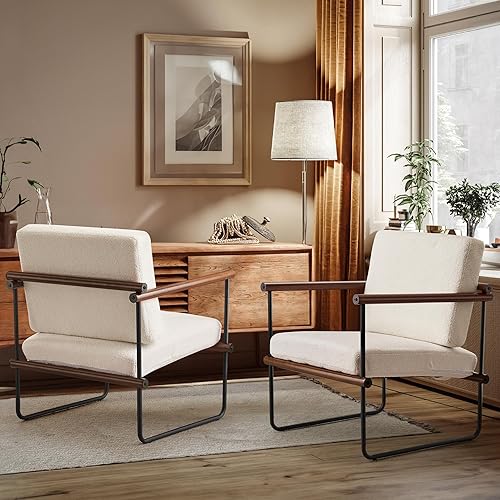 Miniatura 3 de Silla decorativa de tela Boucle de 29 pulgadas para sala de estar, sillón moderno para dormitorio, sillón de lectura tapizado con brazos de metal y