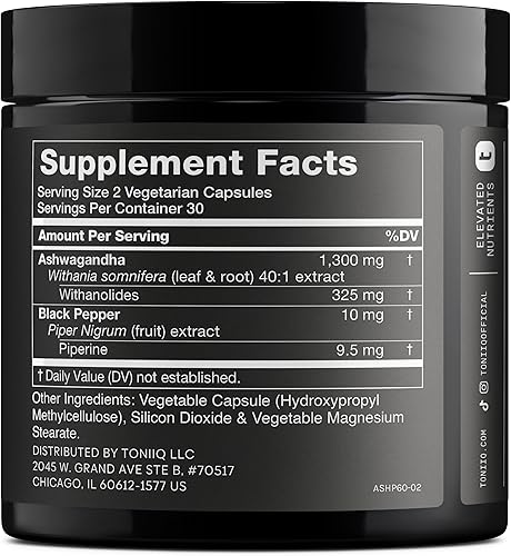 Miniatura 2 de Toniiq Ashwagandha Cápsulas de suplemento  25% Withanolides  Apoyo al estrés  (52000 mg) Concentración 40x Ashwagandha fórmula extra fuerte  60