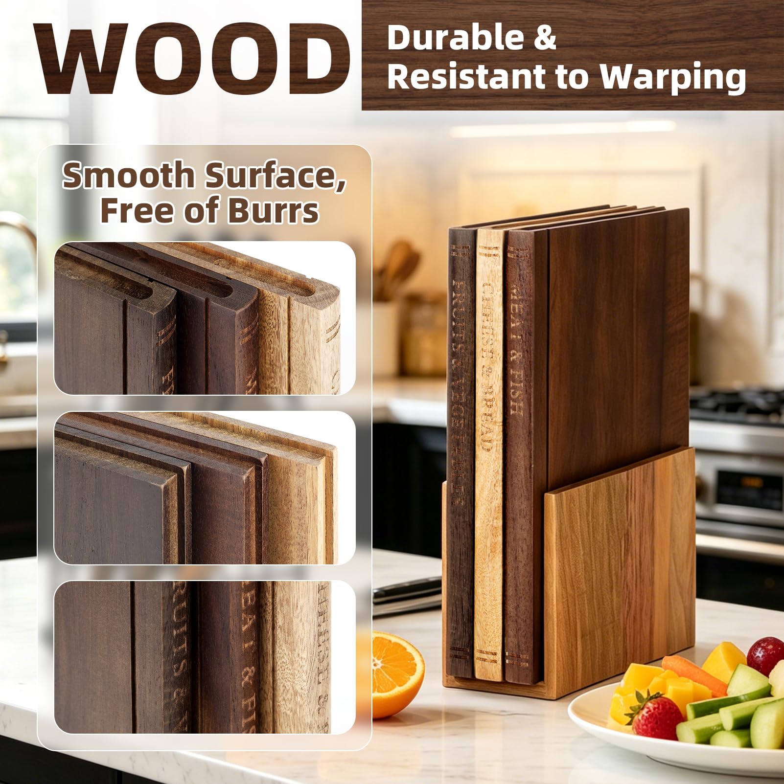 Schneidebrett 3er Set mit Ständer, Holzbrett Küche Buchdesign Küchenbretter, Rutschfest, Schmutzabweisend, Cutting Board für Käse, Brot, Gemüse, Langlebig und Praktisch