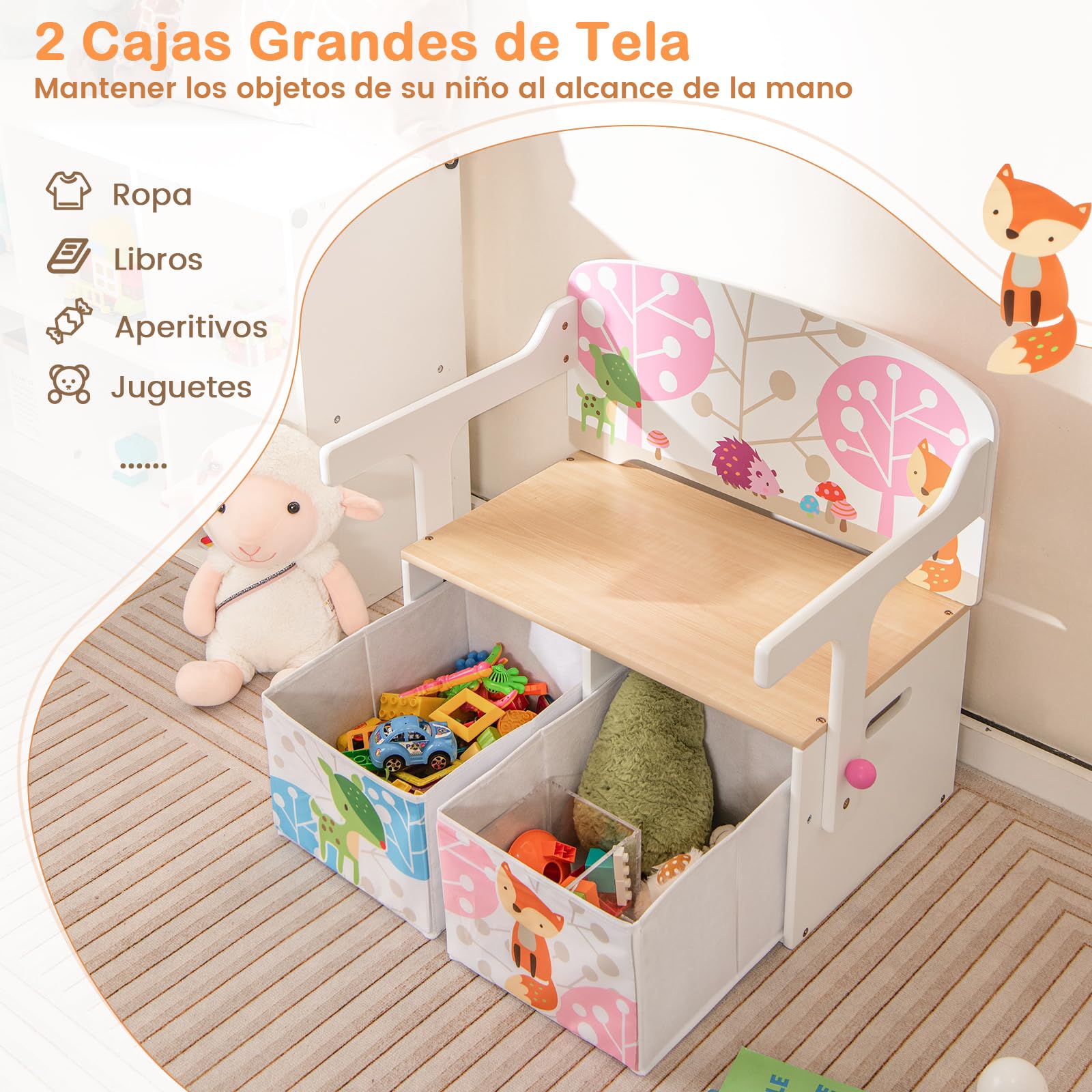 GOPLUS Mesa y Silla Infantil 3 en 1, Banco para Maletero para Juguetes de Madera con Tapa, Respaldo, Caja de Almacenamiento, Mesa de Actividades para Niños de 3 a 7 Años, para Dormitorios Guarderías