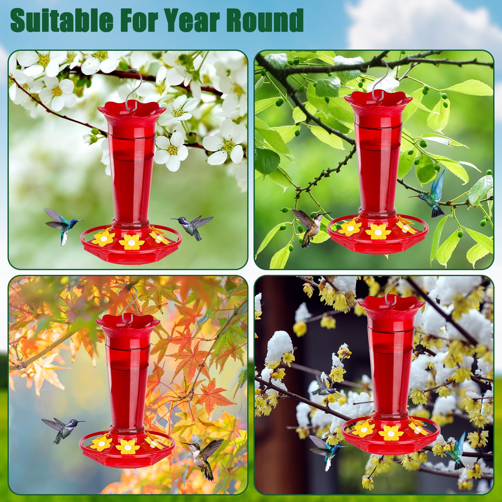 Gbekery Comederos de vidrio para colibríes para colgar al aire libre, a prueba de hormigas y abejas, color rojo, 10 onzas, paquete de 2 comederos para aves para colgar en exteriores, 5 estaciones