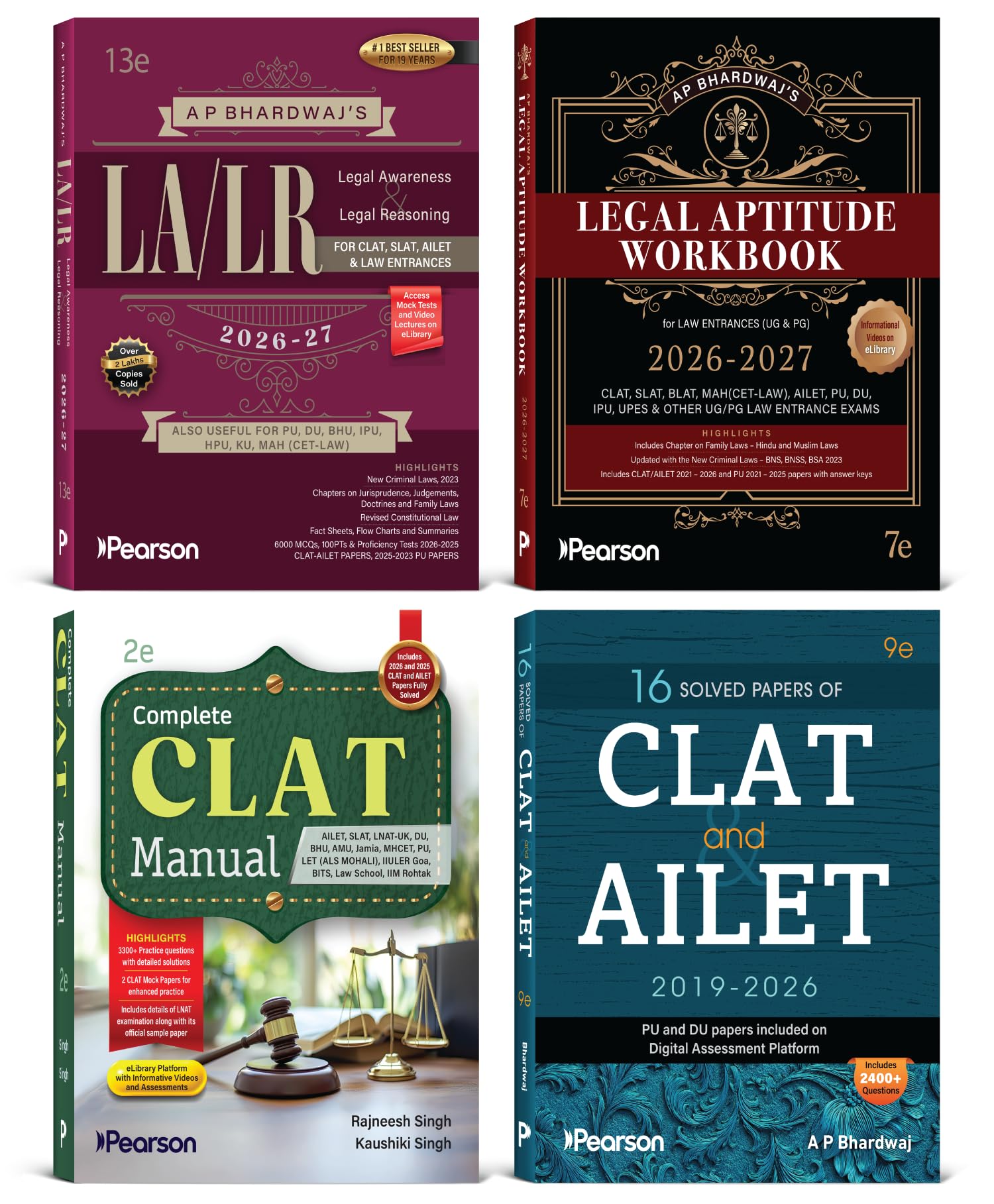 Pearson Complete CLAT Manual + 16 Solved Papers CLAT & AILET 2019–2026 + Legal Awareness & Reasoning + Legal Aptitude Workbook 2026–27 | For CLAT, ... Law Entrances | PYQs, 6000+ MCQs & Mock Tests