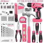 Hi-Spec rose 8V USB Conducteur électrique sans fil de forage et femmes DIY Kit d'outils. Tournevis et perceur, pinces et marteau dans une boîte à outils