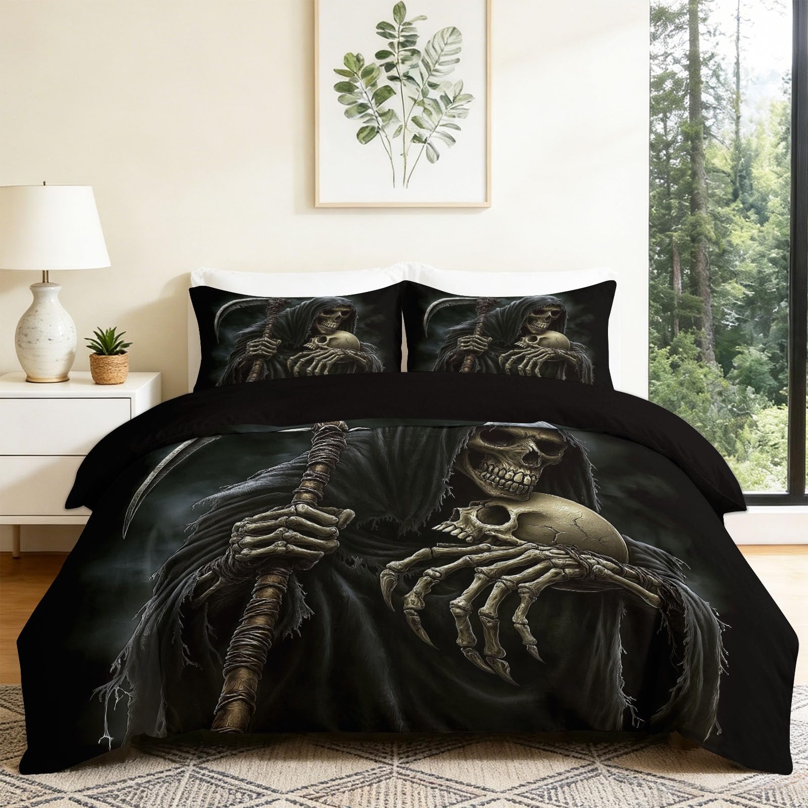 Juego de funda de edredón individual de Halloween, esqueleto de la muerte oscura con estampado 3D, microfibra de poliéster cepillado suave, color negro, reversible, transpirable, suave, para niños y