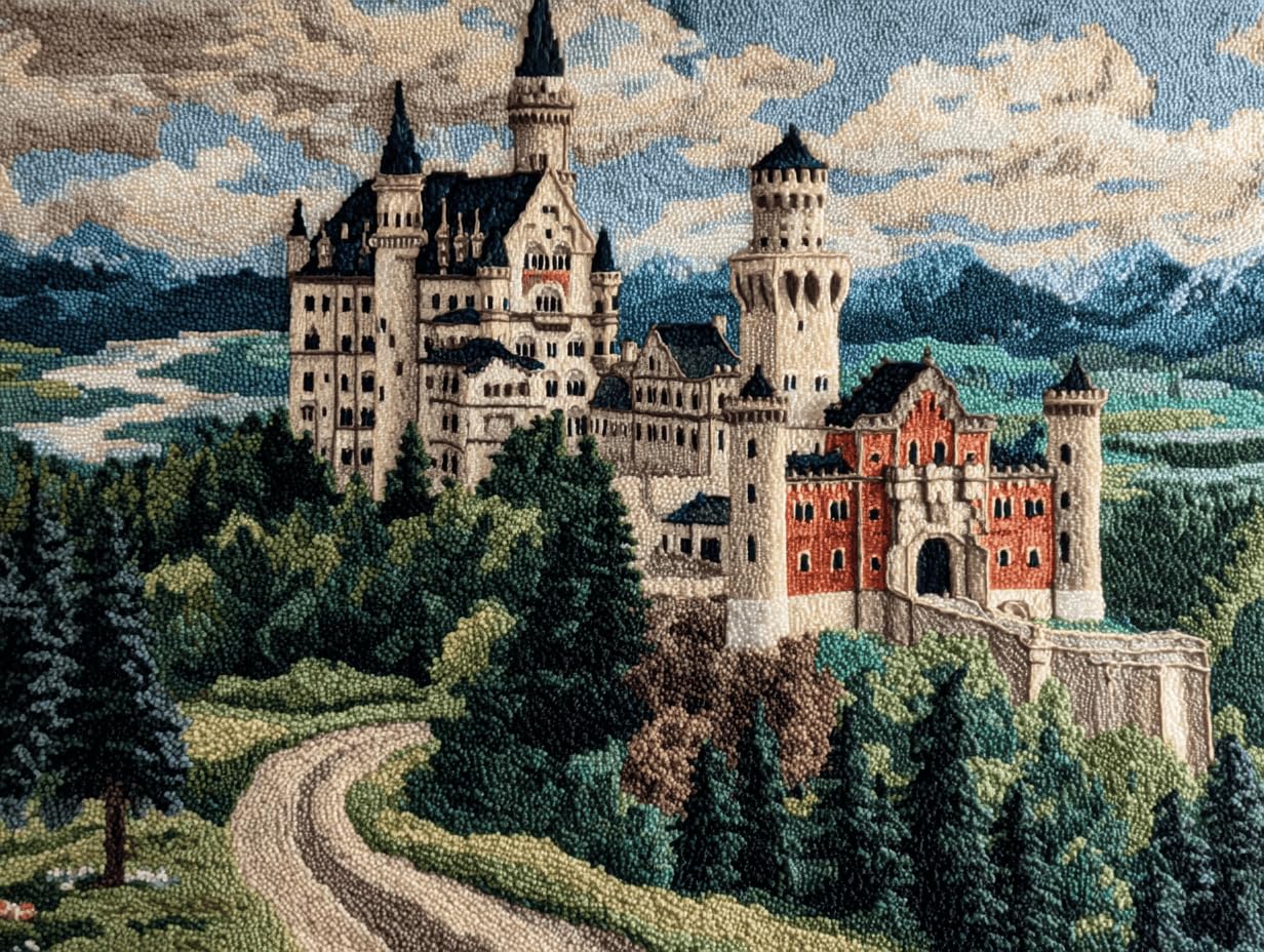 Knüpfhaken-Teppich-Set für Anfänger,Schloss Neuschwanstein,DIY-Häkelteppich Knüpfteppich für Erwachsene,Latch Hook Kits mit Vordruck,Teppich-Hakensets,kreatives Basteln,Heimdekoration-55x75cm