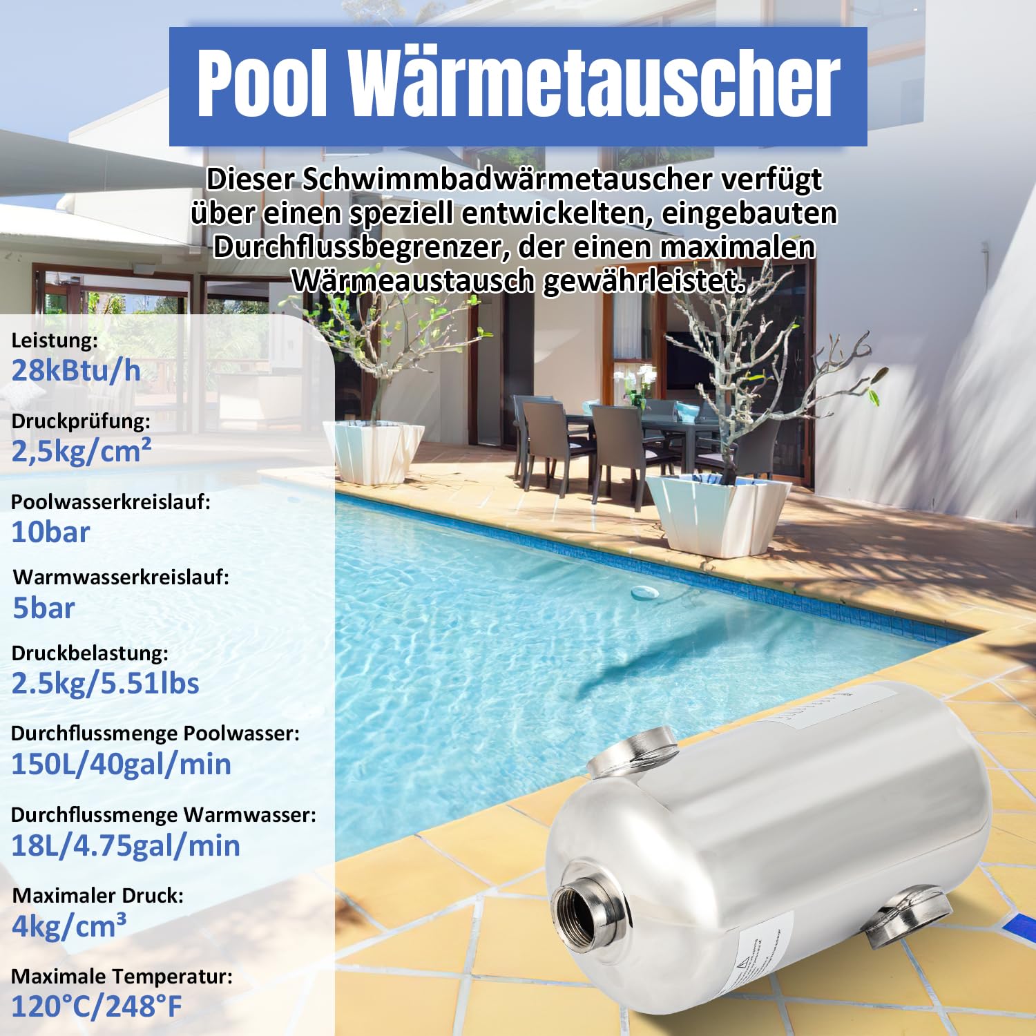 Calentador de piscina de acero inoxidable, 28 kW, intercambiador de calor para piscina, intercambiador de calor de 150 l/min, flujo de agua caliente 18 L/min, intercambiador de calor para