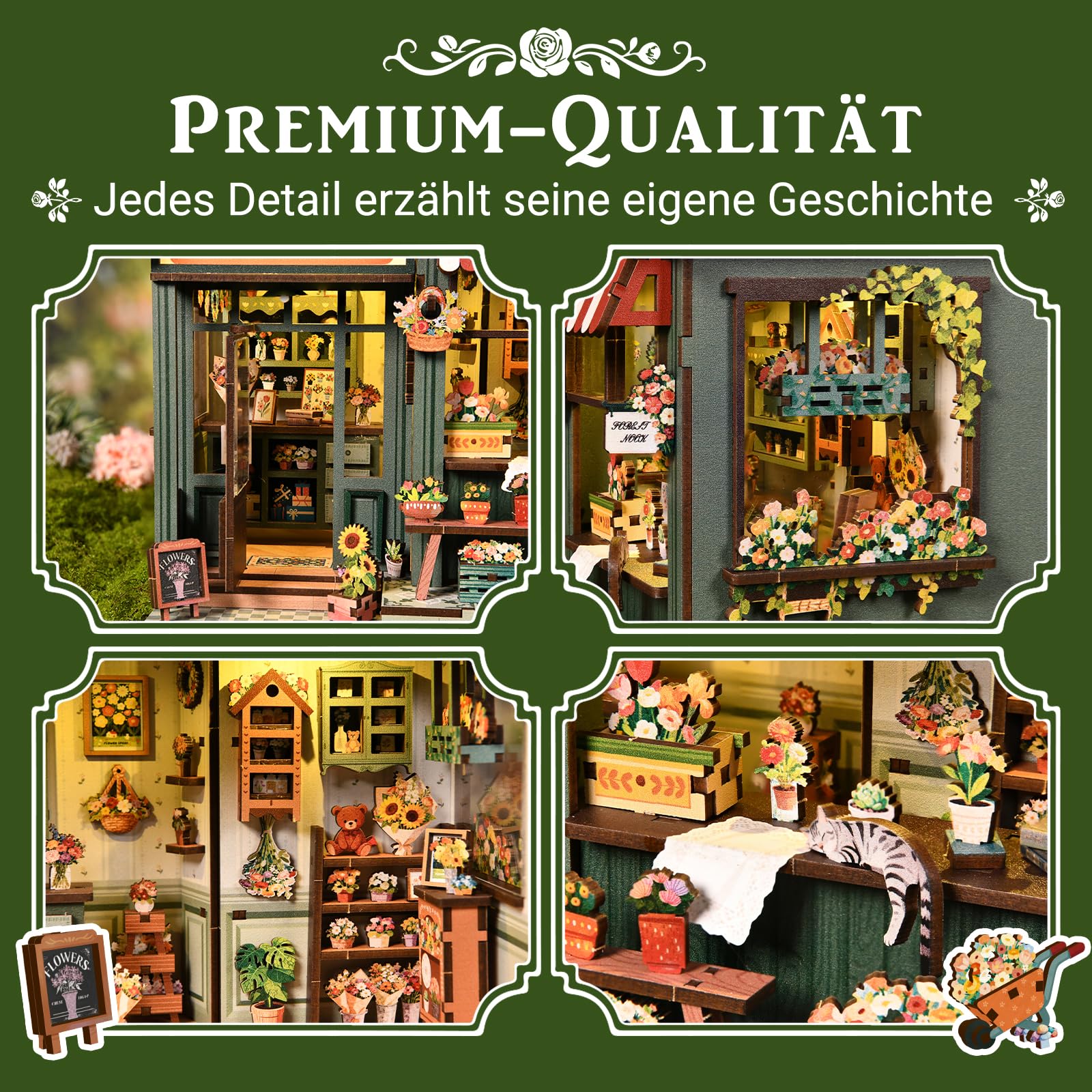 Book Nook Kit – DIY Miniatur Blumenladen Aura Verde – Kreativer Book Nook Bausatz – 3D Holzpuzzle Bücherstütze mit LED-Licht – Romantische Dekoration & Geschenk
