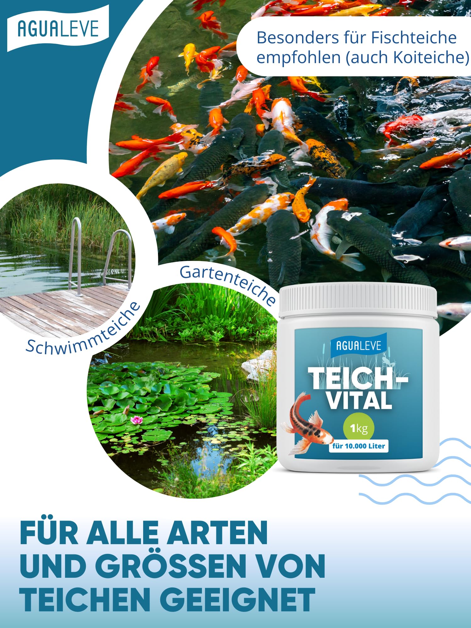 AGUALEVE® Teichvital 1kg *NEU* | der Fittmacher für jeden Teich mit innovativen BIO3-Hochleistungs-Mikroogransimen | für Fisch-, Garten- & Schwimmteiche | Made in Germany | für 10.000l Teichwasser