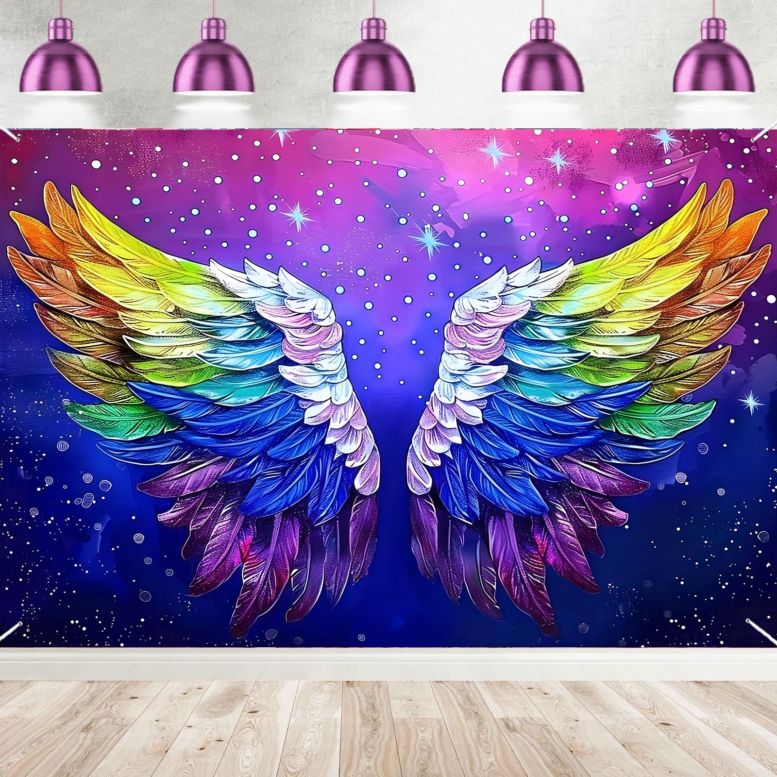 Colorful Wings Birthday Banner Backdrop Angel Feather Wings Starry Sky Photo Sign Banner Decorations for Men Women Adult Birthday Party Background