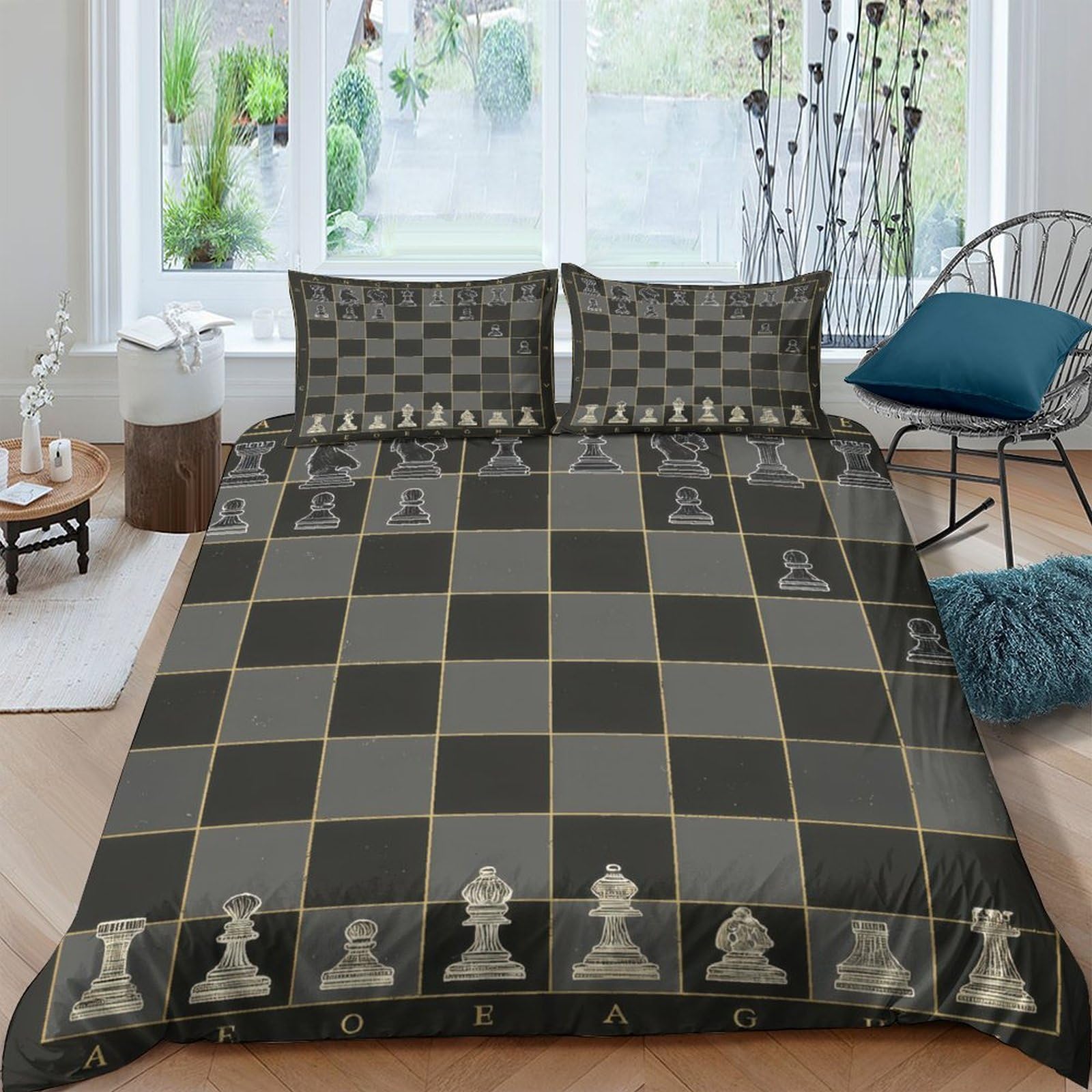Ctjqhvkz Style-2 3D Printed Chess Board Fitted Sheet Microfiber Soft Black Gold Chess Piece Bed Cover For Bedroom Dorm Mattress Decor Single（135X200cm）