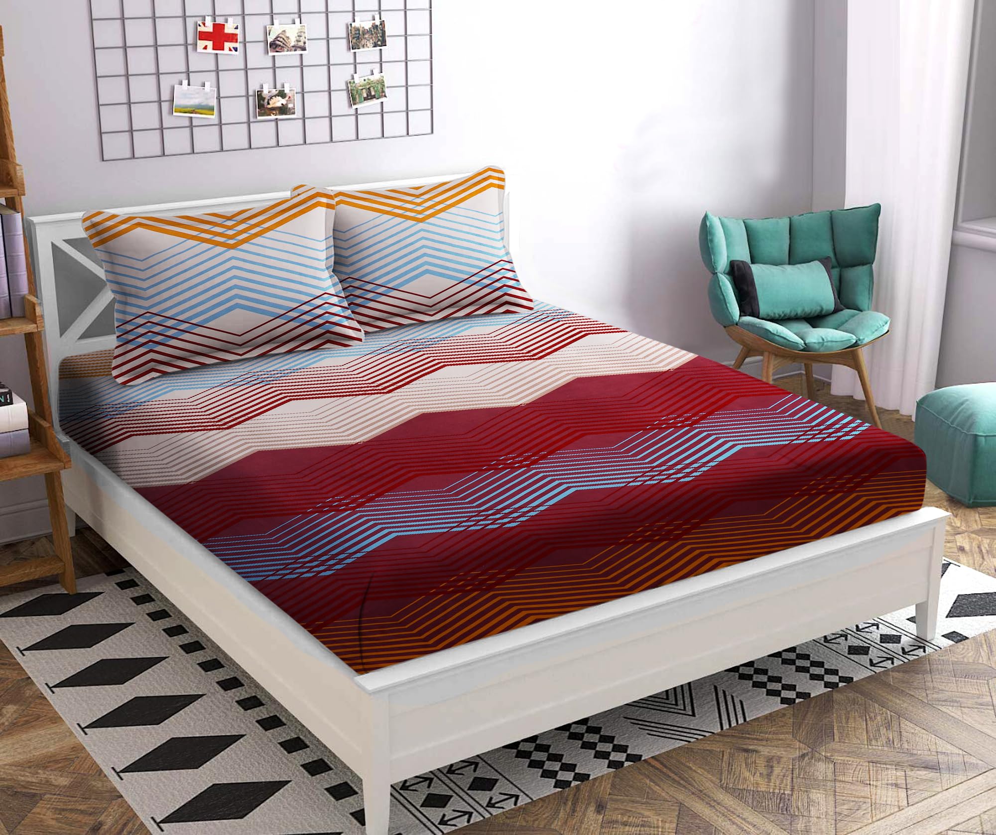 DORTHY 180 TC Glace Cotton Flat Double Bedsheet (90 X 100 inches) with 2 Pillow Covers (20 X 30 inches),Maroon-Cream