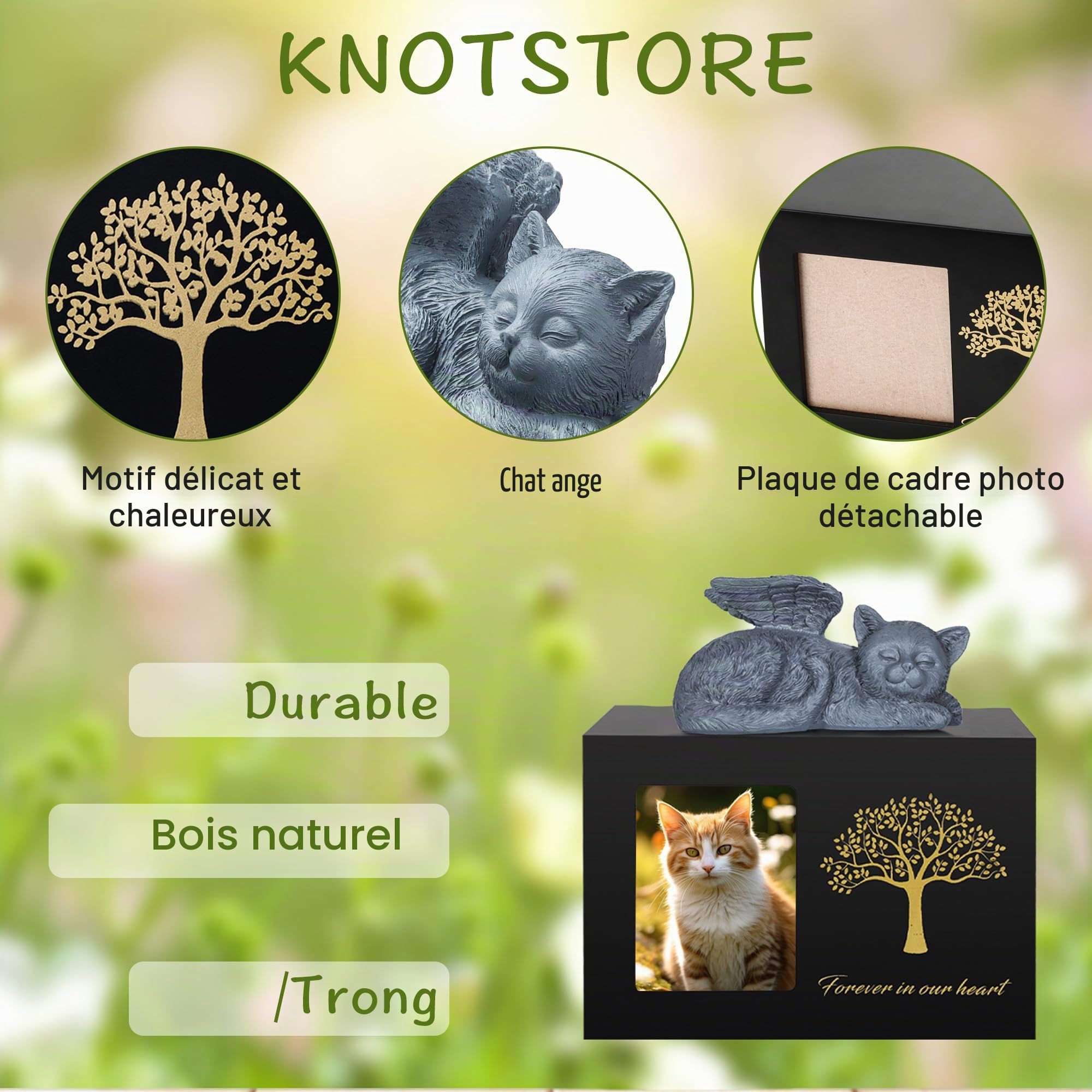Urnes pour chat - Boîte de crémation en bois - Urne noire avec statue de chat en résine et pochette en velours