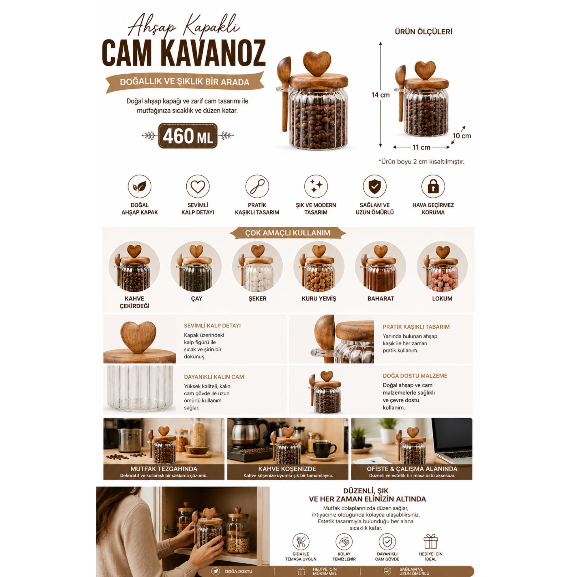 Akasya Kapaklı Cam Kavanoz 460 ML Kaşıklı | Hava Geçirmez Baharatlık Çay Kahve Şeker Saklama Kabı