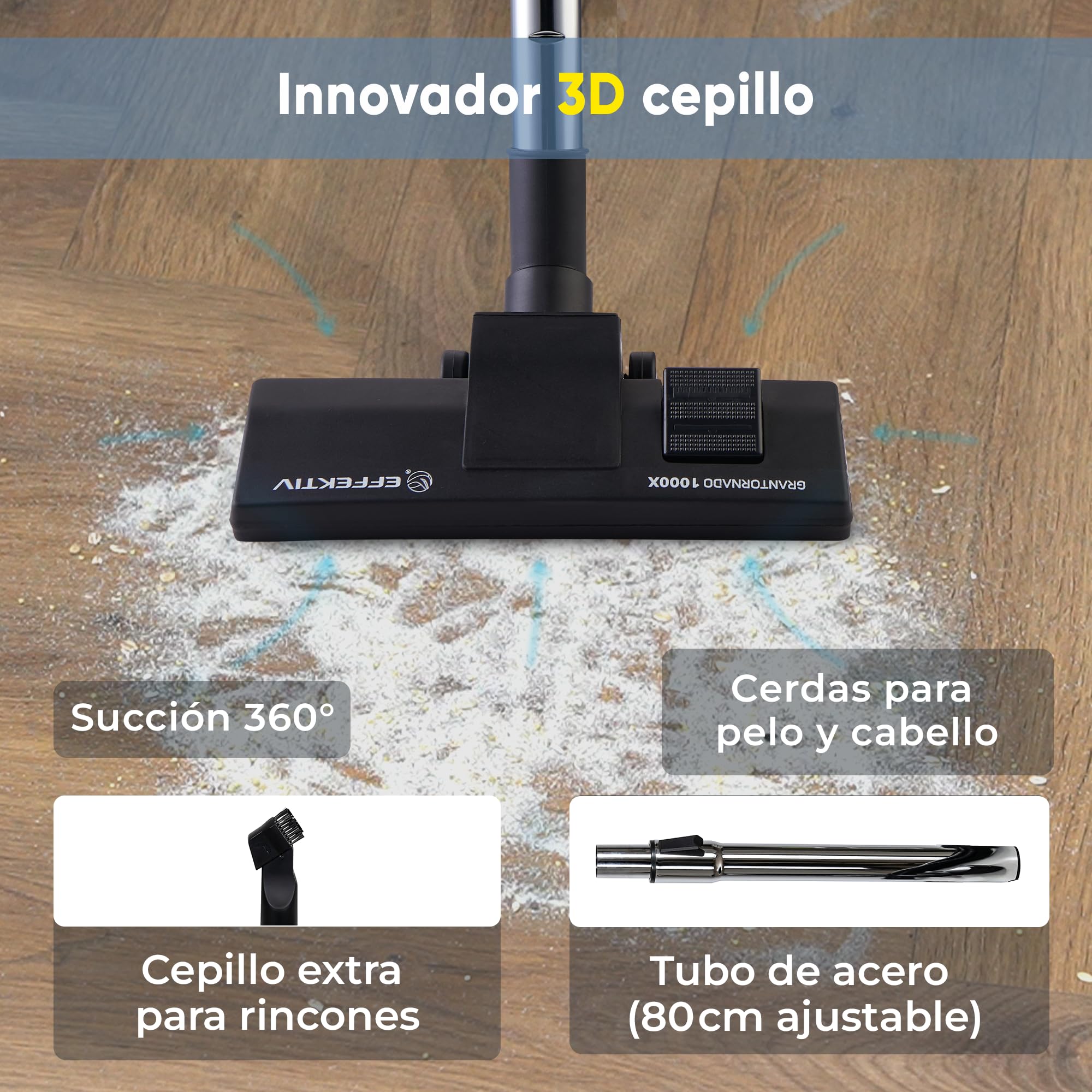 EFFEKTIV Aspiradora sin Bolsa GranTornado 1000X – Aspiradora Ciclónica 1200W con Alta Succión 85000Pa, Depósito 2.5 L, Filtro HEPA Lavable, Aspiradora Trineo para Casa y Mascotas