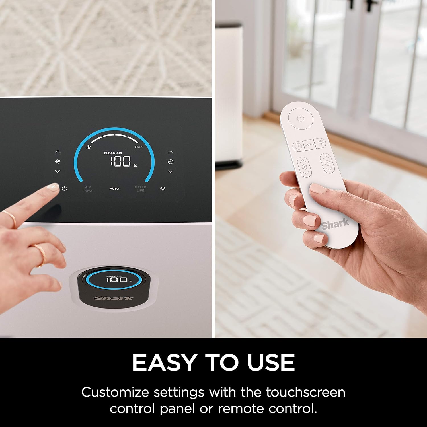 A hand interacting with the touchscreen control panel of the Shark Air Purifier, with the remote control visible nearby.