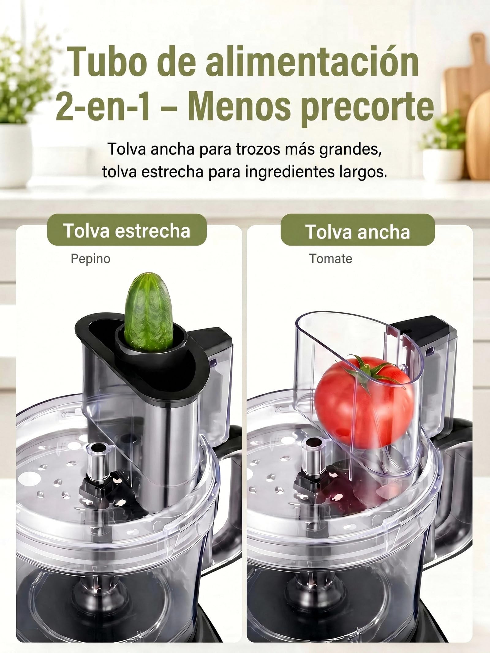 Robot de Cocina 2,3 L, Boca de Alimentación Grande 2 en 1 | Procesador de Alimentos 3 Vel. , Acero Inoxidable, Picar, Rallar, Hacer Puré, Amasar, fácil de limpiar para uso doméstic