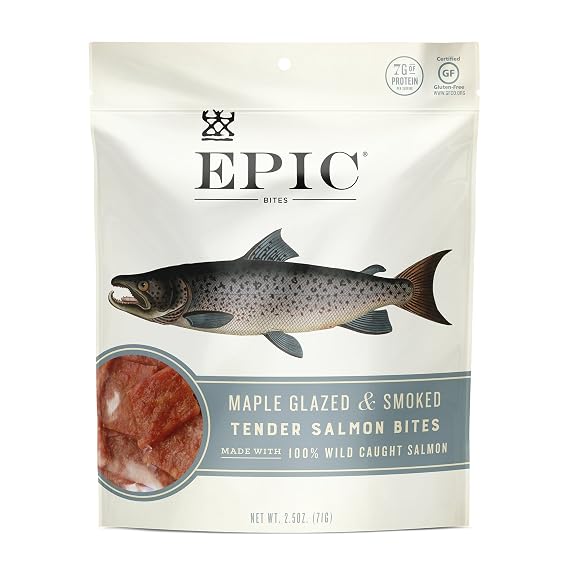 Epic Provisions Jerky Bites, 100% Wild Caught, Maple Glazed & Smoked, Alaskan Salmon, Coconut Oil 2.5 oz. (4 Count)