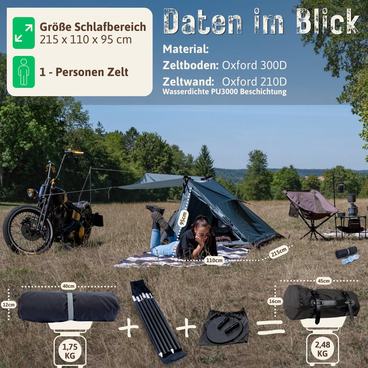MALIHINI Motorrad Zelt [1 Personen-Zelt] Ultraleicht & kompakt, Wasserdichtes Outdoor Zelt für Motorradfahrer & als Motorradplane | Bikerzelt mit kompaktem Packmaß