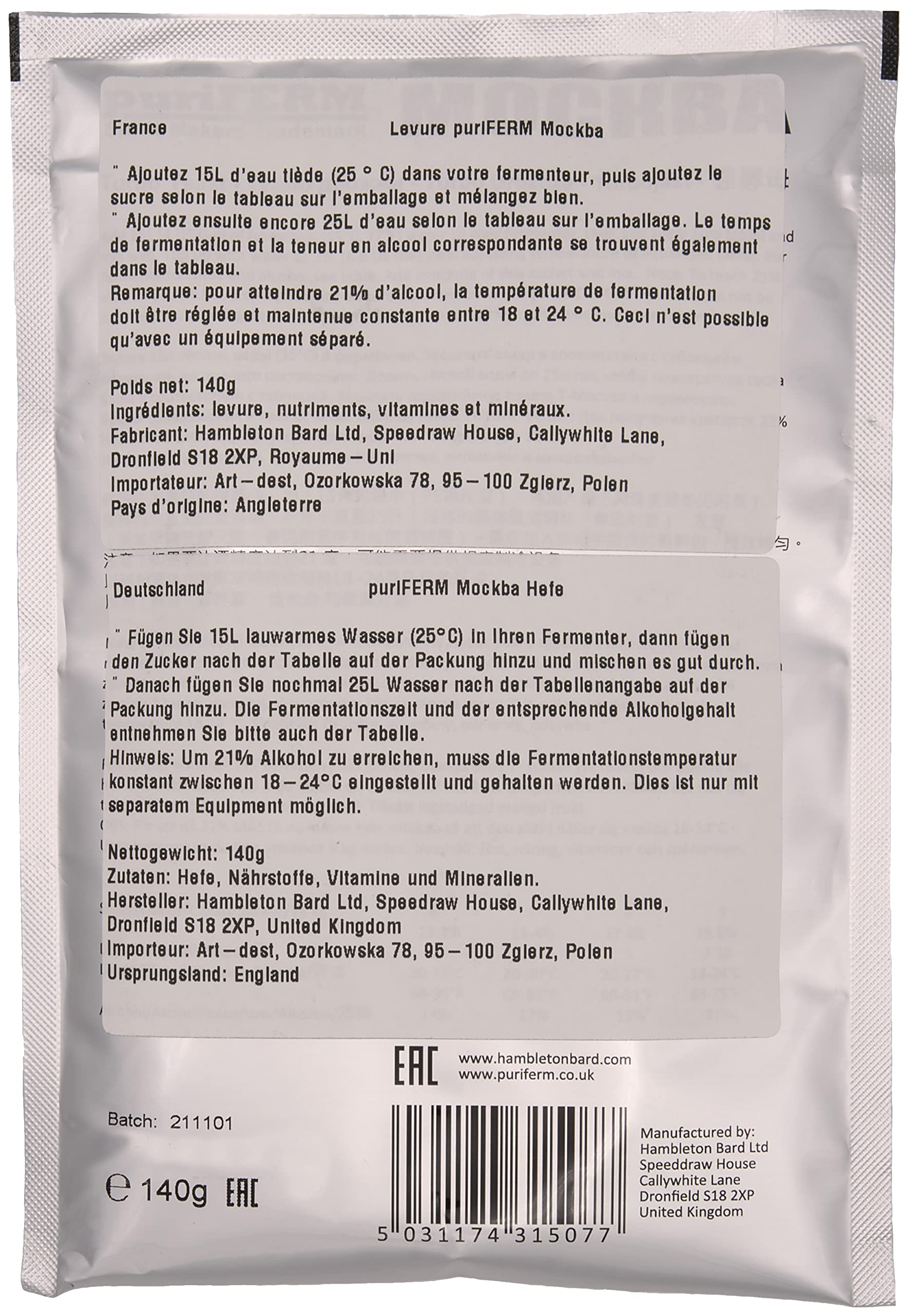 8X Mockba Turbohefe neutrale Hefe zum Destillieren 21% in 8 Tagen