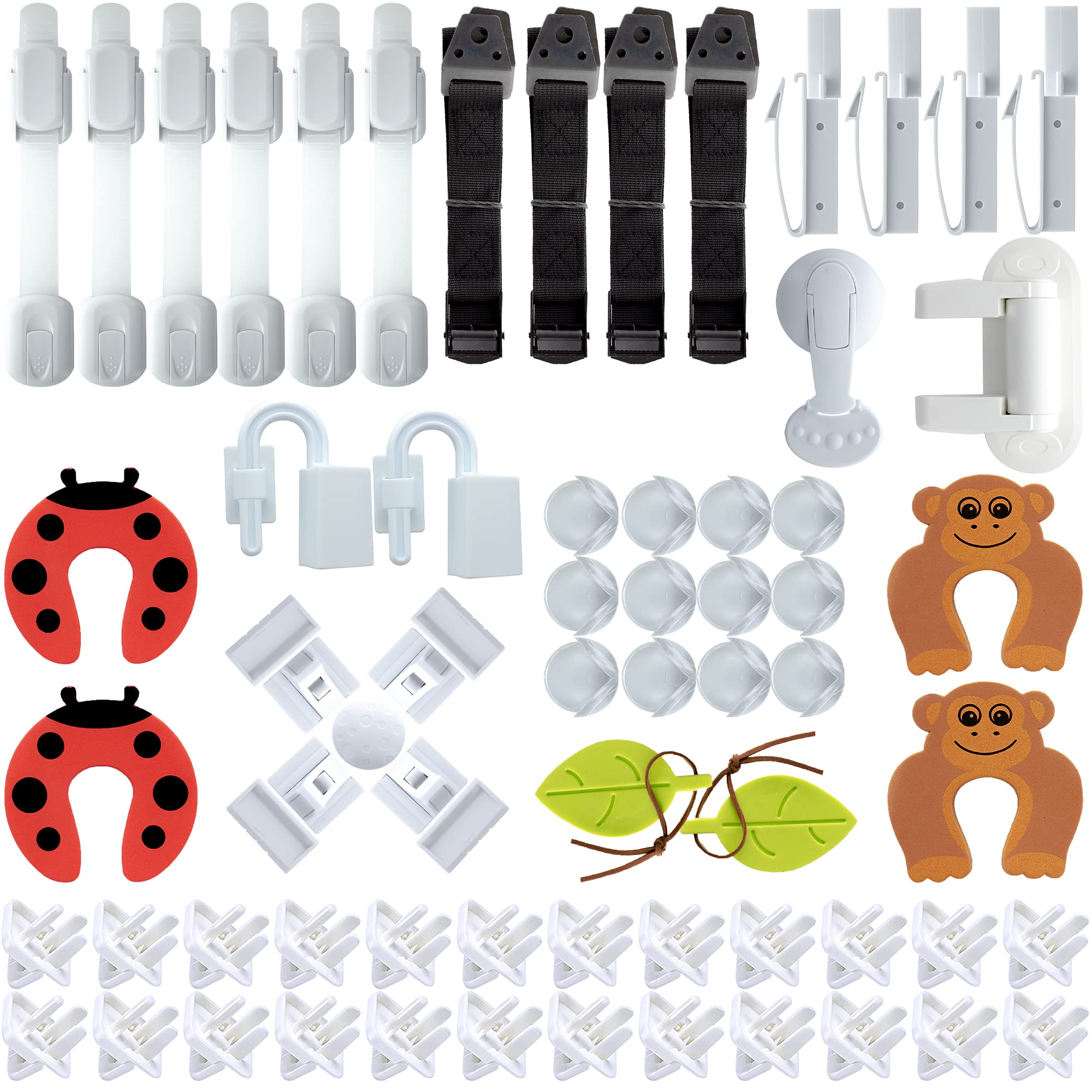 Child Proofing Kit: Baby Proof Set Magnetic Cabinet Locks Outlet Covers Flexible Adhesive Corner Edge Guards Adjustable Size Safety Furniture Latches Kitchen Cupboards Drawers Cabinets Doors 75 Pcs.