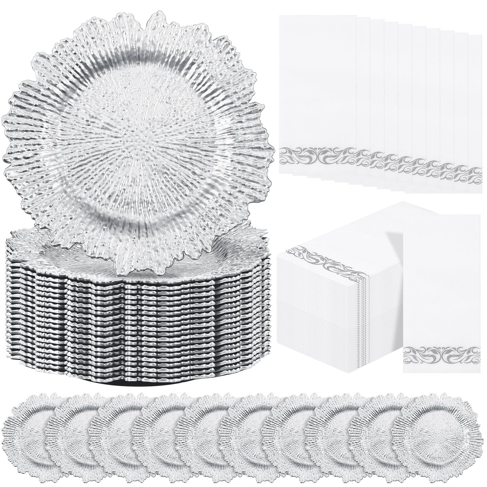 Reef Charger Plate Set Bulk 13" Plastic Plate Chargers Matte Ruffled Rim Charger Plates with Paper Napkins Disposable Guest Towels for Table Setting Wedding Party(Silver, 100 Pcs)