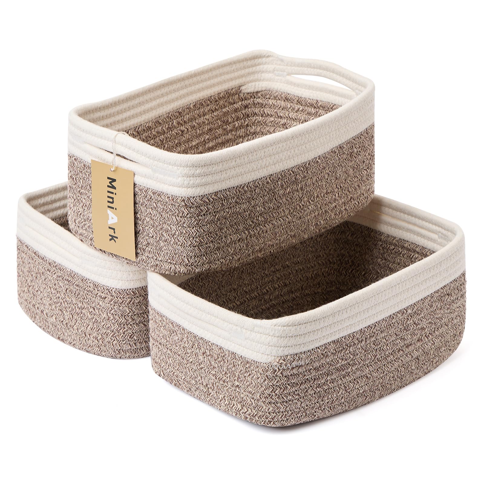 MiniArk Small Storage Baskets for Organizing | Closet Organizer Bins | Shelf Toy Basket | Woven Rope Baskets | Cube Decorative Box | Shallow Basket | 13x8.5x5.1” | 3 Packs White Brown