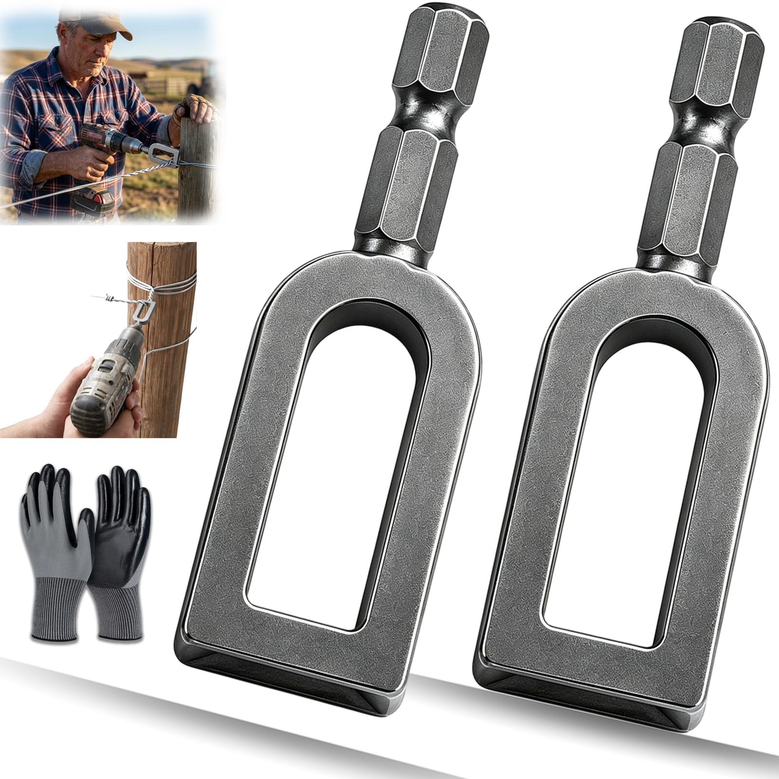 Llelemamo 9#+9# Professional Wire Twister Tool For Drill, 2Pcs Heavy Duty Open-Slot Wire Twisting Tool With 1/4" Hex Shank, Alloy Steel Fence Wire Twister & Rebar Tying Tool For Fencing, Construction, Farm (9#+9#)