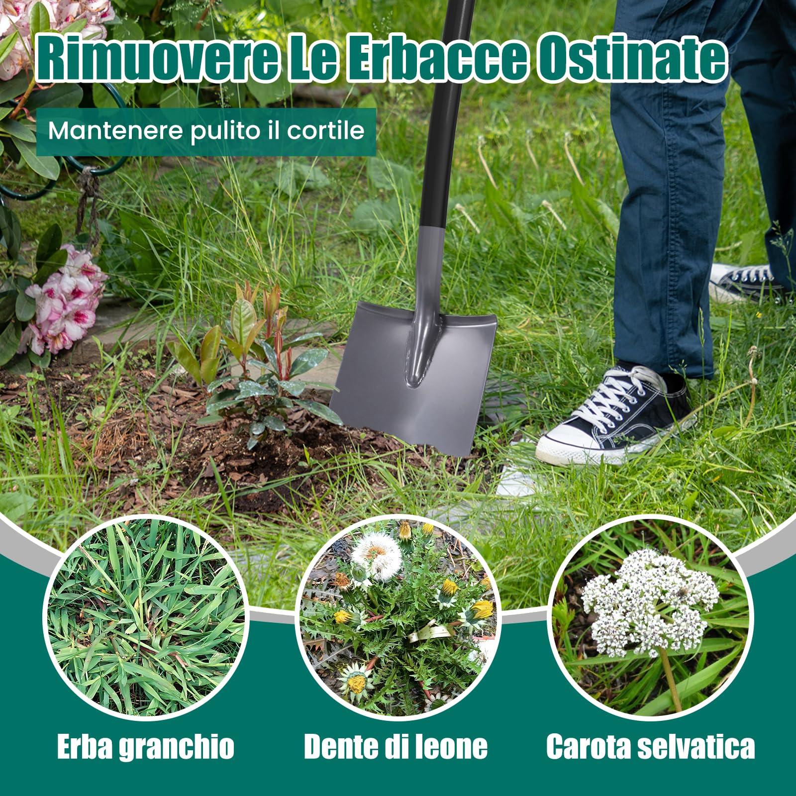 HYCHIKA Pala da Giardino Picco, Vanga da Giardinaggi, Pala da Scavo, Acciaio Temprato di Alta Qualità, Manico Ergonomico Impugnatura a D, per Piante, Agricola, Diserbo, Spalatura Neve