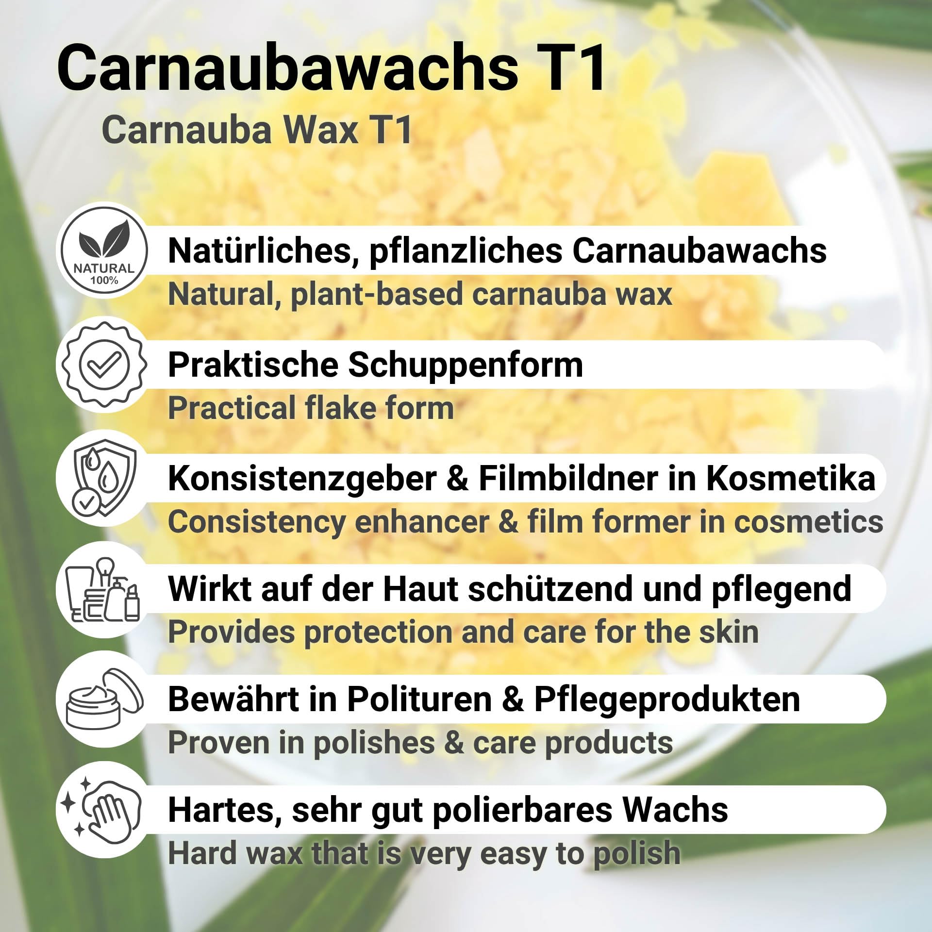 Carnaubawachs 25kg Copernicia Cerifera Cera T1 veganes Pflanzenwachs zur Herstellung von Naturkosmetik, Kerzen & Pflegeprodukten