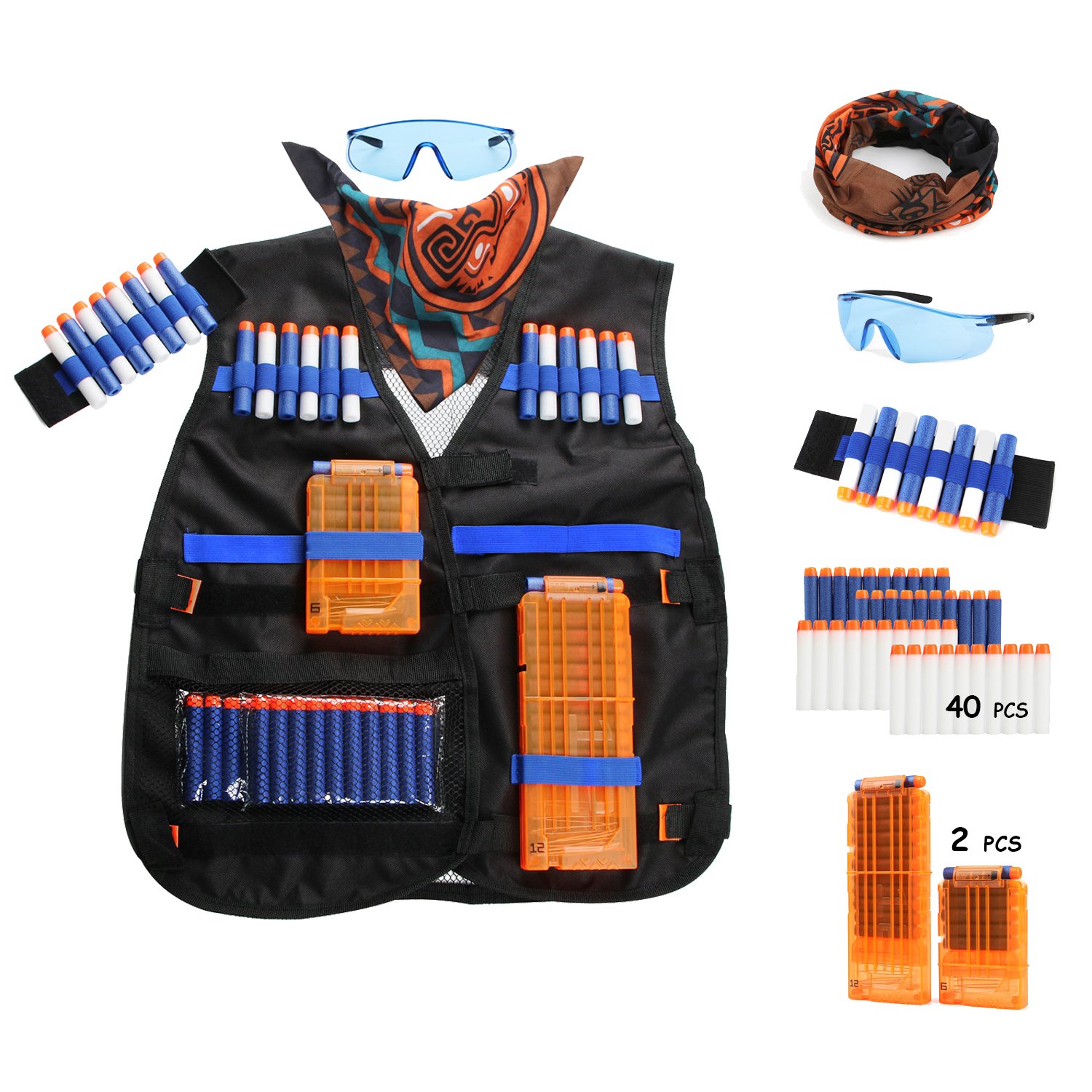 Tactical Vest Kits for Nerf N-Strike Elite Series with 40 Refill Darts + 2 Reload Clips + Face Tube Mask + Protective Glasses