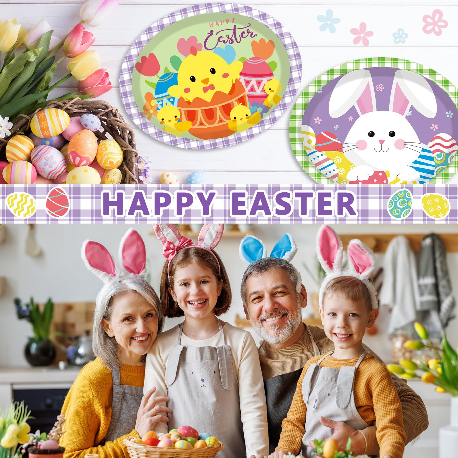 Qyeahkj Ovale Pappteller "Happy Easter", groß, 27,9 cm, Einweg-Hasen-Party-Dekorationen, bunte Ostereier, Gastgeschenk für Oster-Party, Geschirr-Set, 50 Stück