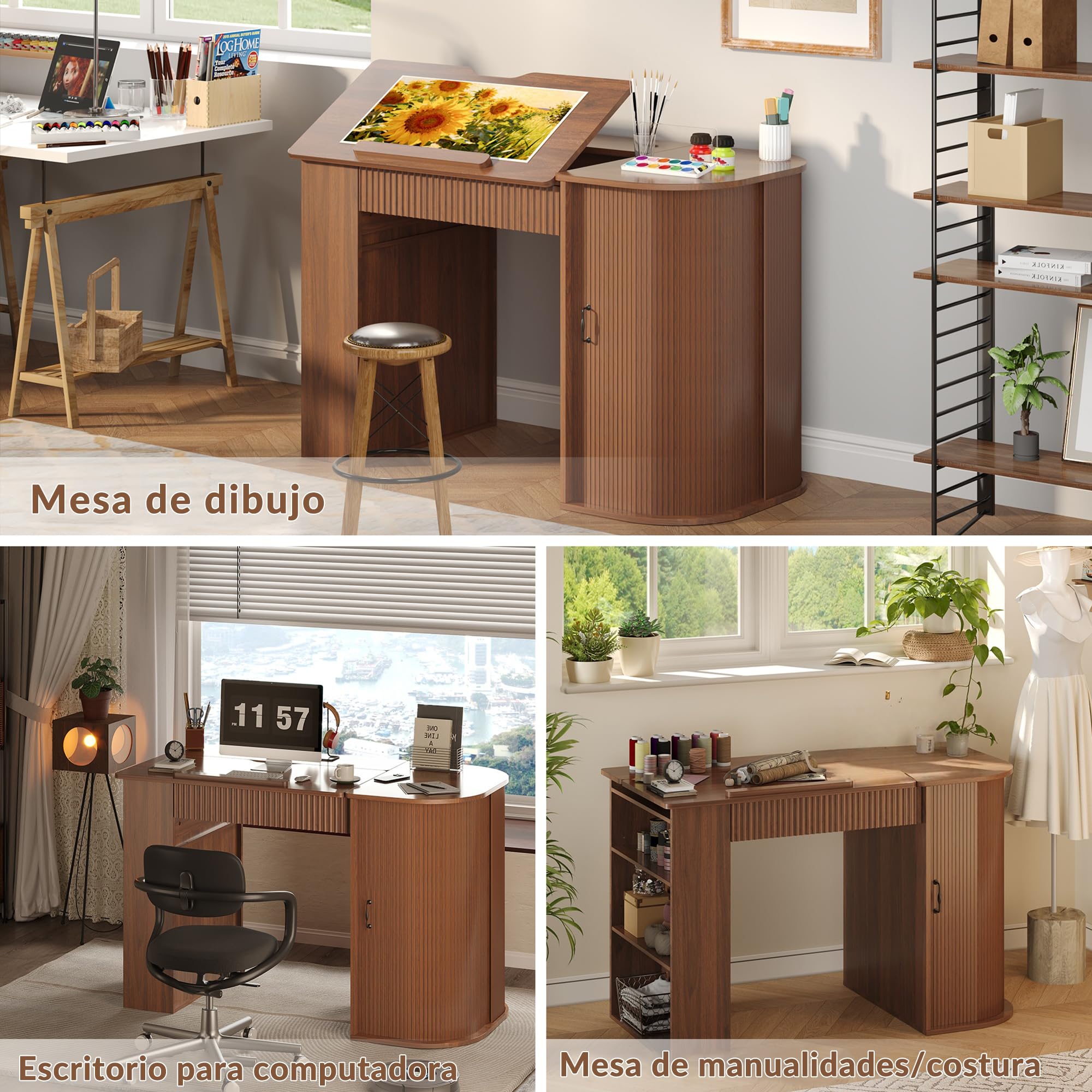 Mesa de Dibujo inclinable con cajones y almacenaje, Efecto Madera