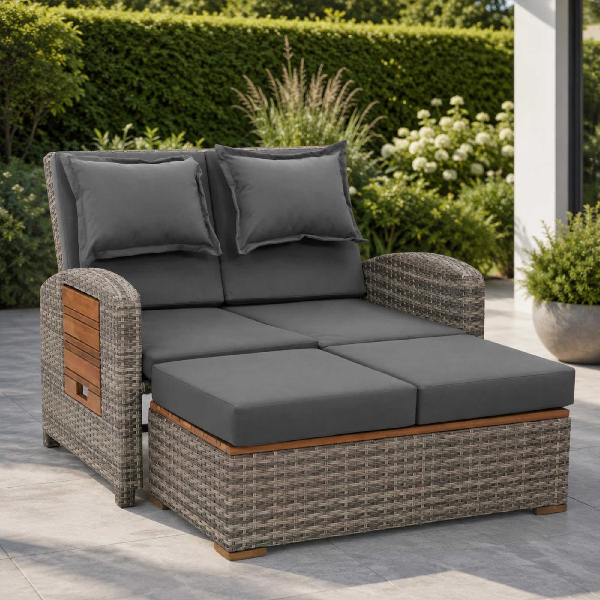 greemotion Gartensofa mit Liegefunktion Bahia Tobago - Sonnenliege mit 5-fach verstellbarer Rückenlehne - Gartenlounge mit zwei klappbaren Seitentabletts - Loungesofa inkl. Hocker 117x93x74 cm | 117 x 93 x 74 cm
