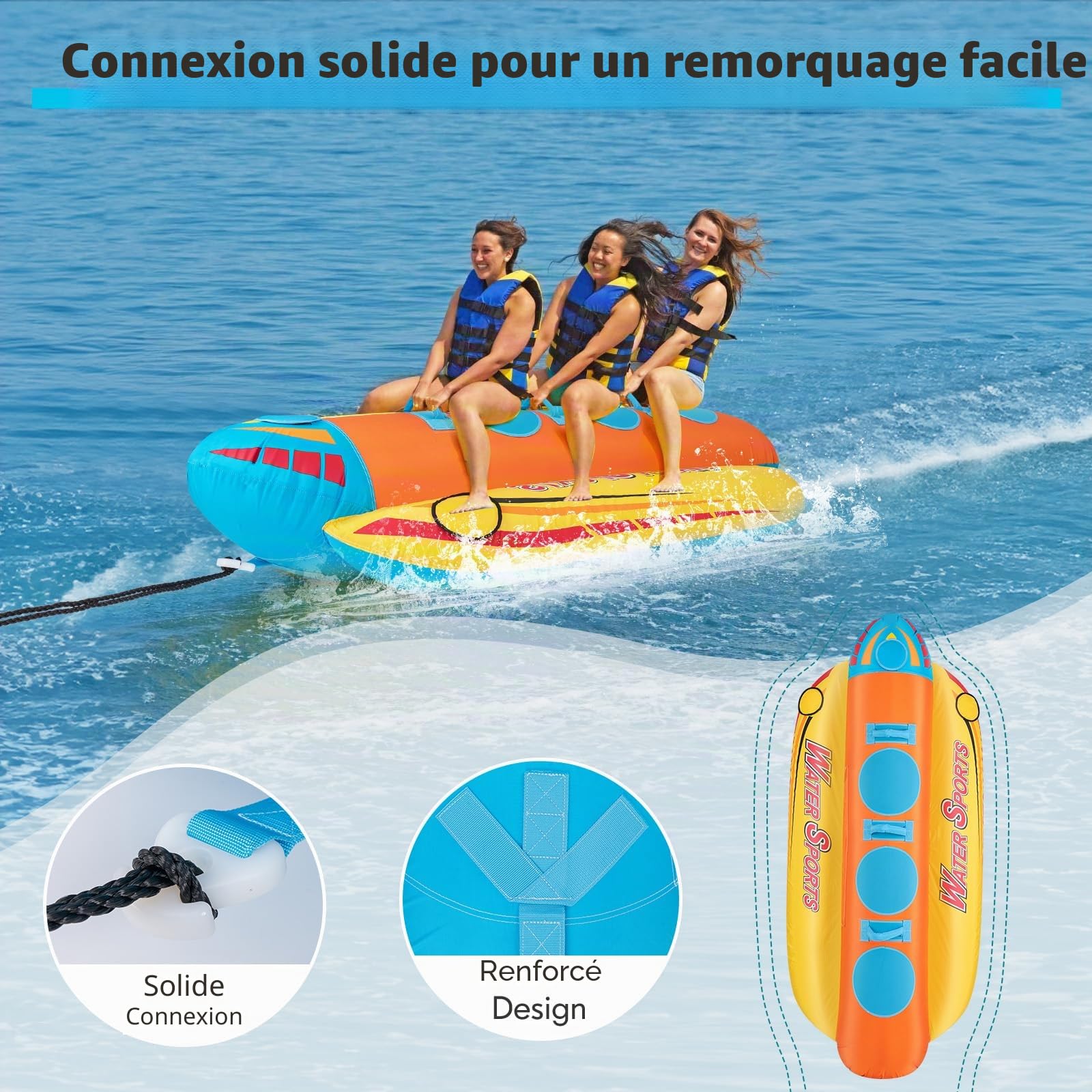 HOMASIS Bateau banane gonflable pour 3 personnes, avec 3 poignées et système de remorquage, sports nautiques Funtube jusqu'à 231 kg, 252 x 108 x 51 cm