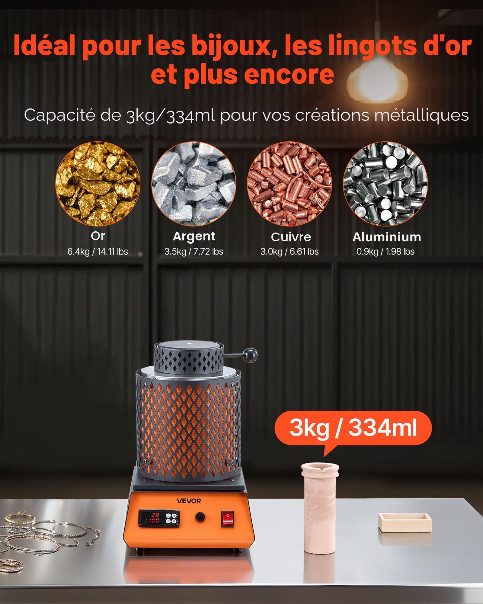 VEVOR Four de Fusion Électrique 1350 W, Kit de Fusion d'Or avec Température Maximale 1150 ℃, avec Creuset en Céramique de 3 kg, pour Fabrication de Bijoux, Coulée et l'Affinage des Métaux, Atelier