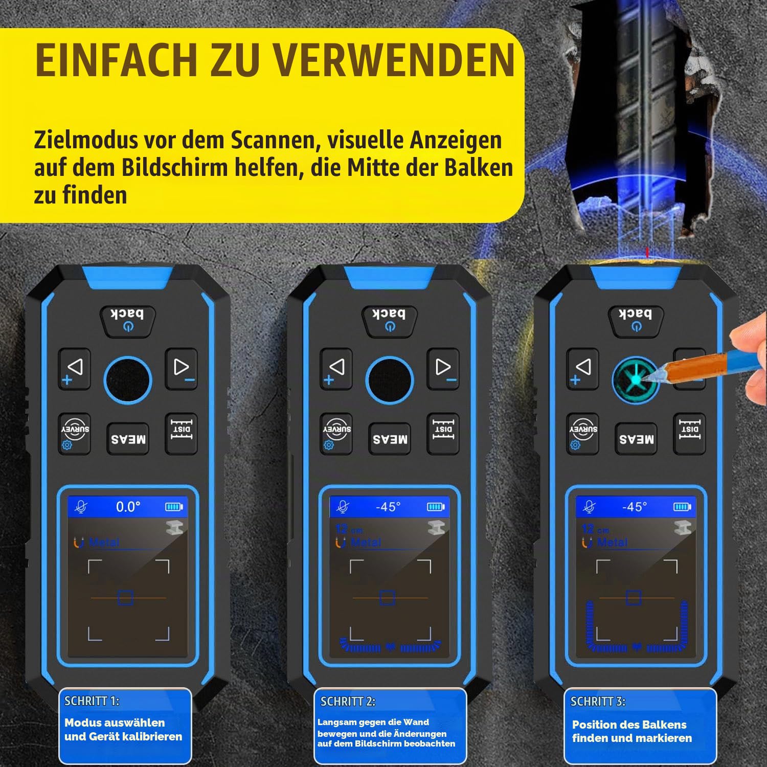Kabelortungsgerät Professionelles Ortungsgerät Wandscanner Bolzensucher | Detektor Holz/Eisenmetalle/Bolzen/Nichteisenmetalle/Kabel/Rohre Doppelte akustische und visuelle Warnsignale NF-518