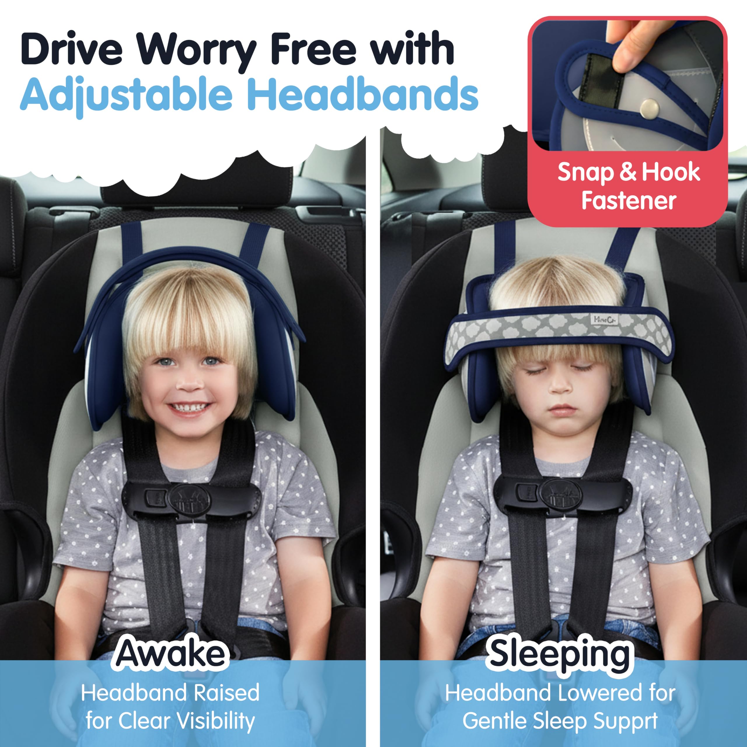 NAPUP Kinderkopfstütze für Autositze – Kopf- und Nackenkissen für nach vorne gerichtete Autositze, hohe Rückenlehnen, Dunkelblau