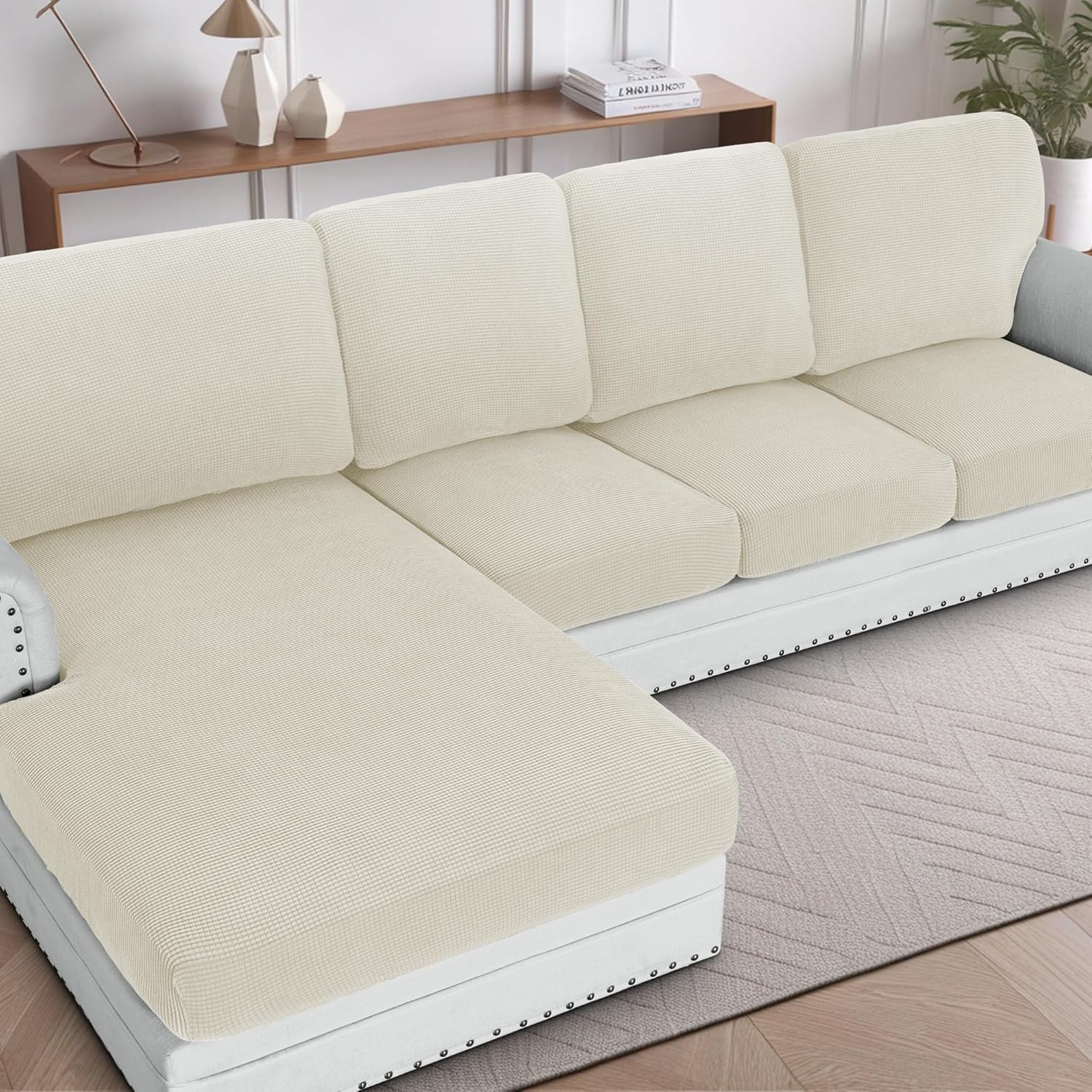 H.VERSAILTEX Sectional Couch Covers 4 Pieces Sofa Seat Cushion Covers L Shape Separate Cushion Couch Chaise Cover for Both Left/Right Sectional Couch (Seat Only: 1 Chaise + 3 Sofa, Porcelain)