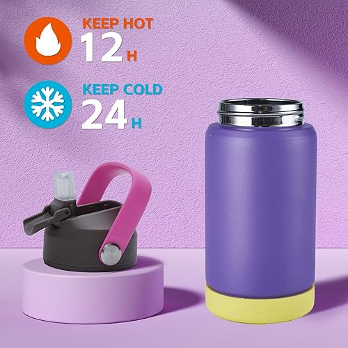 Miniatura 4 de Kerilyn Botella de agua aislada para niños de 12 onzas, vaso a prueba de fugas con tapas para pajitas, botellas de agua para niños y niñas, botella