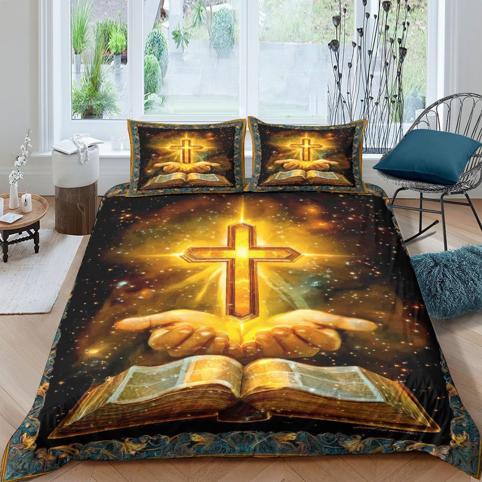 Ctjqhvkz Style-5 3D Printed Golden Cross Fitted Sheet Microfiber Christian Bible Bed Cover For Bedroom Dorm Anti-Slip Decorative Washable Single（135X200cm）