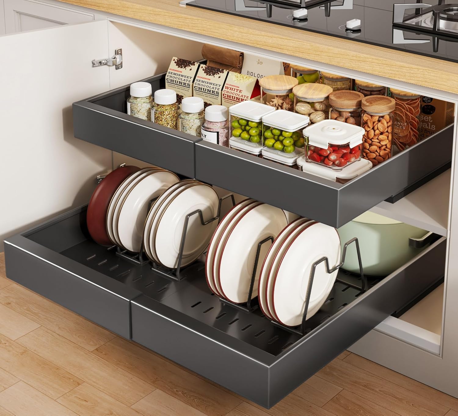 2 Pack Pull out Cabinet Organizer 21"Deep With Raising Pad for Framed Cabinets, Expandable Slide out Drawers for Kitchen Cabinets with 4pcs Divider Racks, Roll out Shelves 12.4"-20.5" W Black Black 12.4"-20.5"W x 21"D(2Pack)