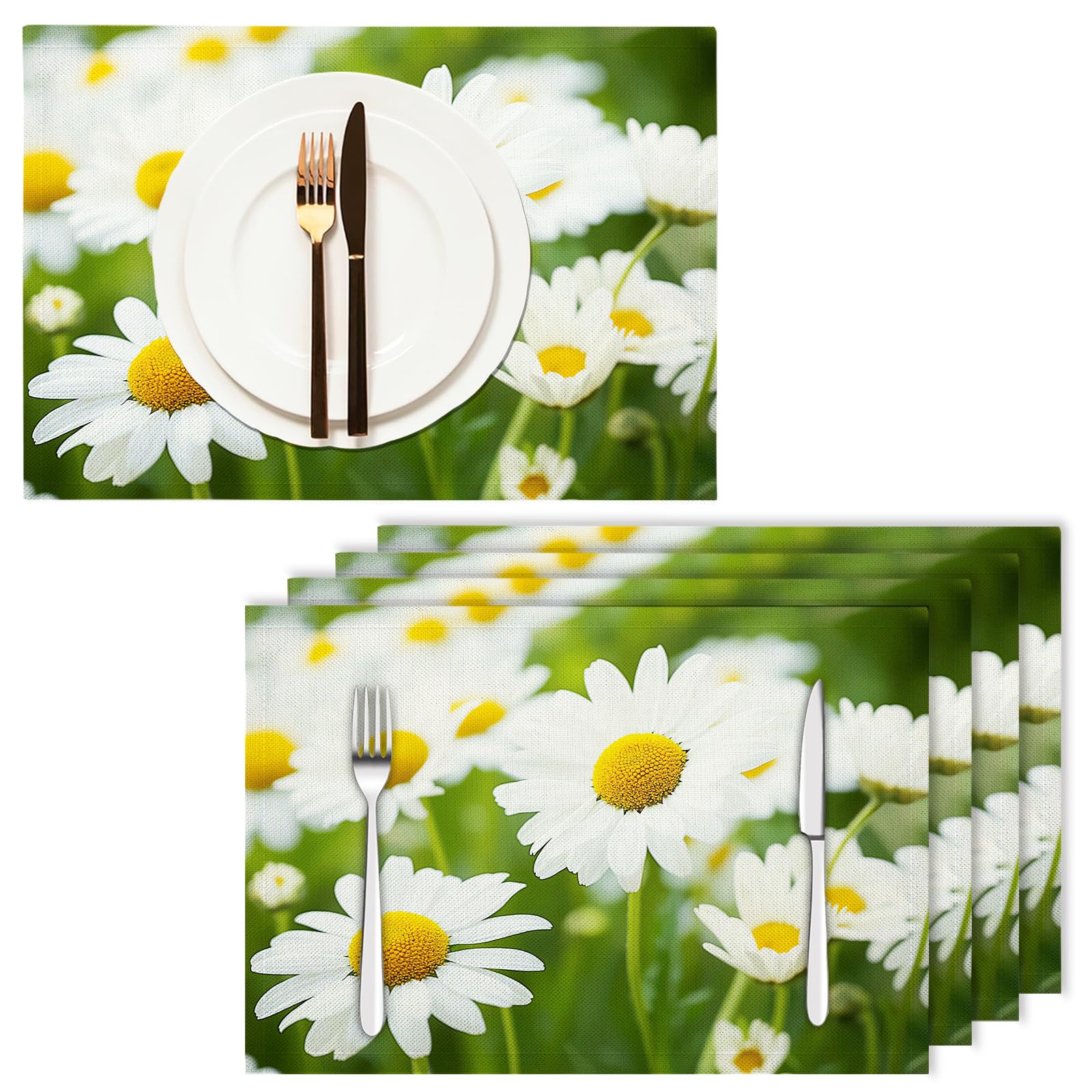 30×45cm Tovaglietta Americana Fiori eleganti in Cotone Lino Rettangolare - Tovagliette Set di 8 Campo di margherite bianche Resistente al Calore per La Cucina, Il L'Ufficio