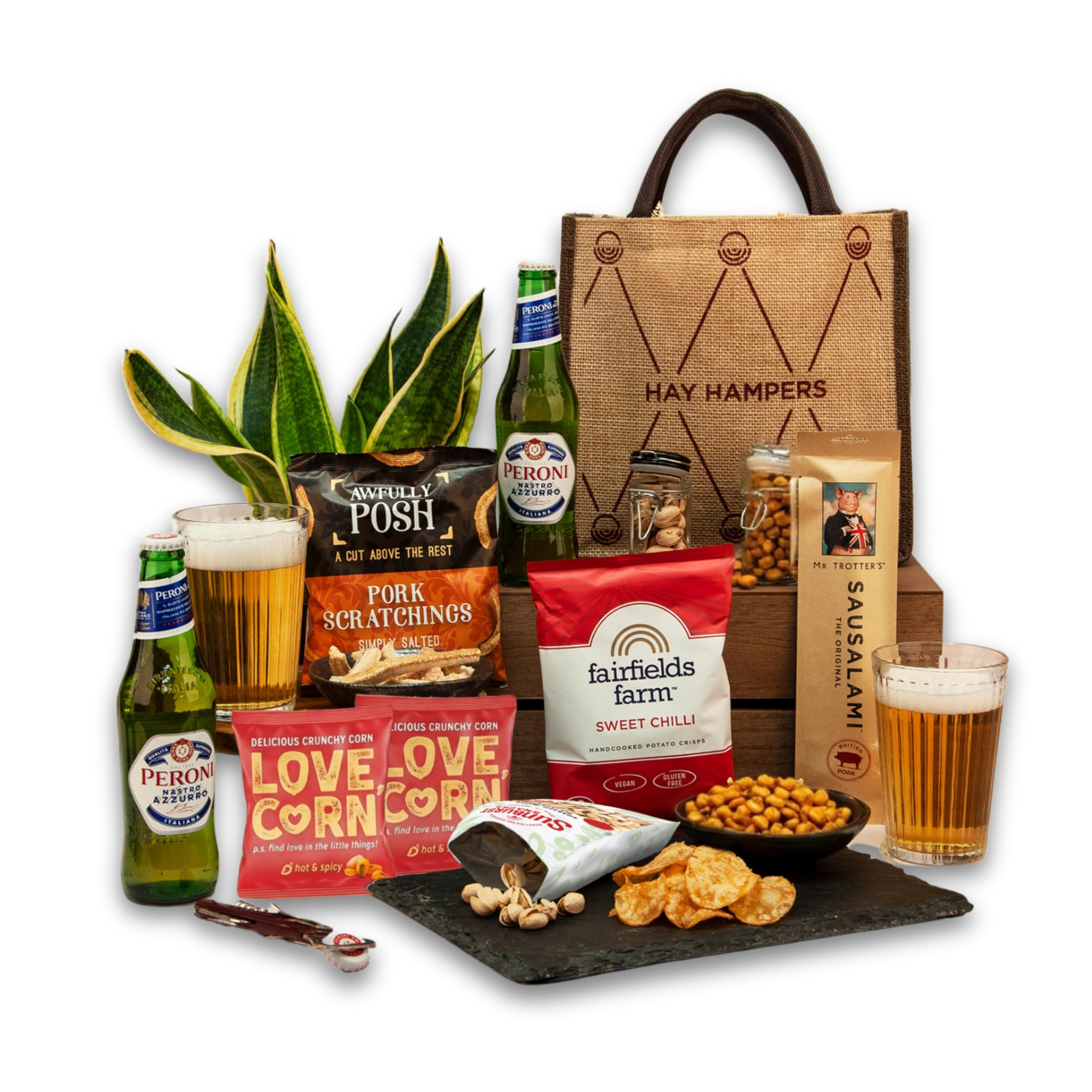 Beer and Pub Snacks Gift Hamper - Peroni Lager, Pork Scratchings, Crisps & More Pub Snacks with Jute Bag – Mothers Day Gifts for Mum, Dad Birthday Gifts, Food Hamper for Men - Hay Hampers