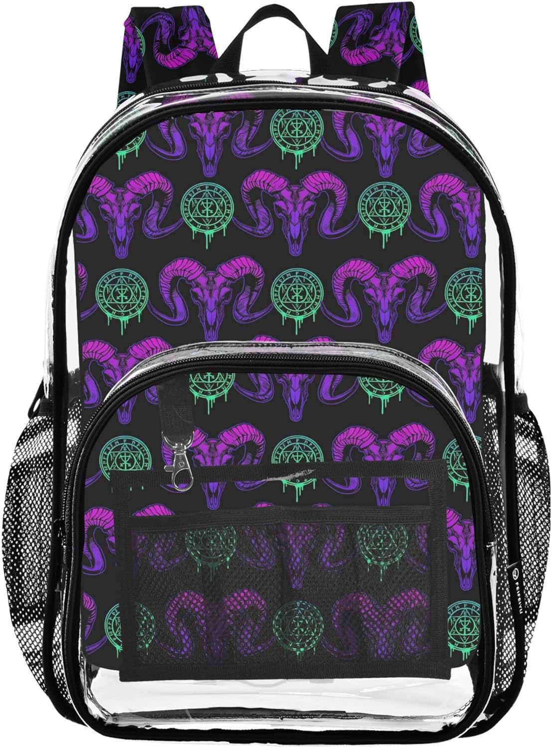 MNSRUU Large Clear Backpack for School Stadium Concerts Sports Events Goth Skull Transparent Heavy-Duty PVC Backpack with Adjustable Straps, See-Through Bag Multiple Compartments