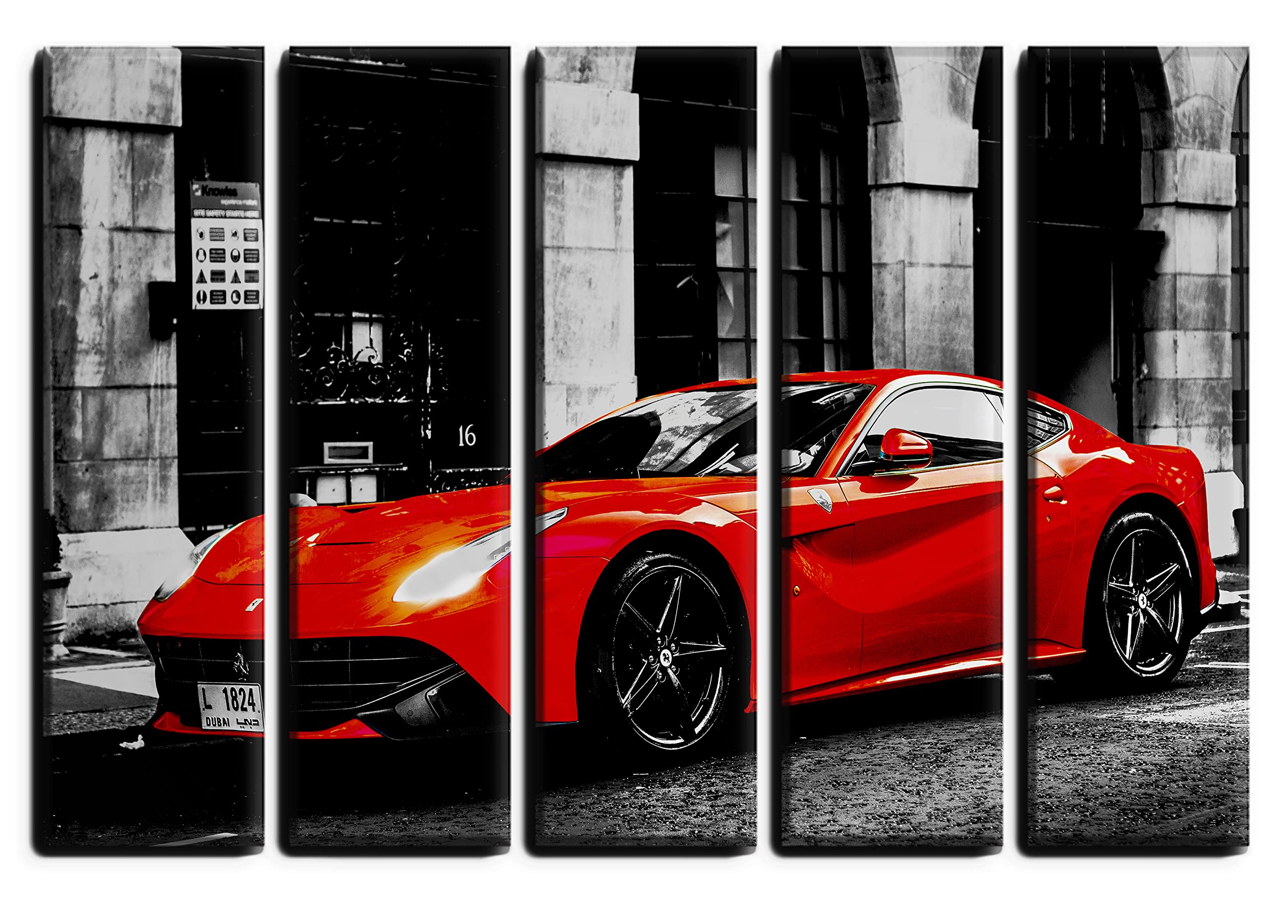 5 Piece Red F12 Berlinetta Supercar Wall Art Decor Picture Painting Poster Print on Canvas Panels Pieces - Sport Car Theme Wall Decoration Set - Sports Car Wall Picture for Living Room Nursery