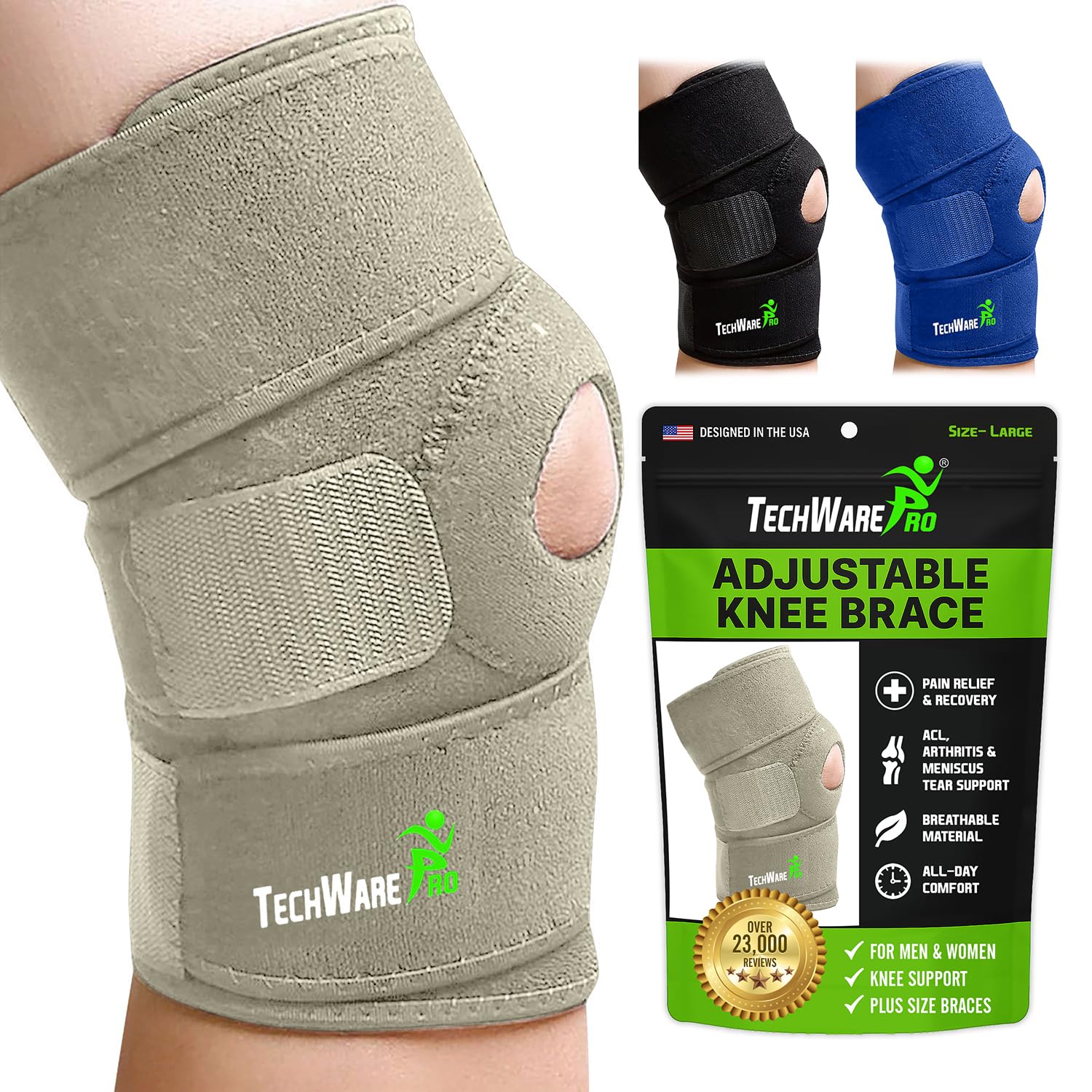 TechWare Pro Knee Brace Support - Knee Braces for Knee Pain. Relieves ACL, LCL, MCL, Meniscus Tear, Arthritis, Tendonitis Pain. Dual Stabilizers Non Slip Neoprene. Adjustable Bi-Directional Straps -5 Sizes