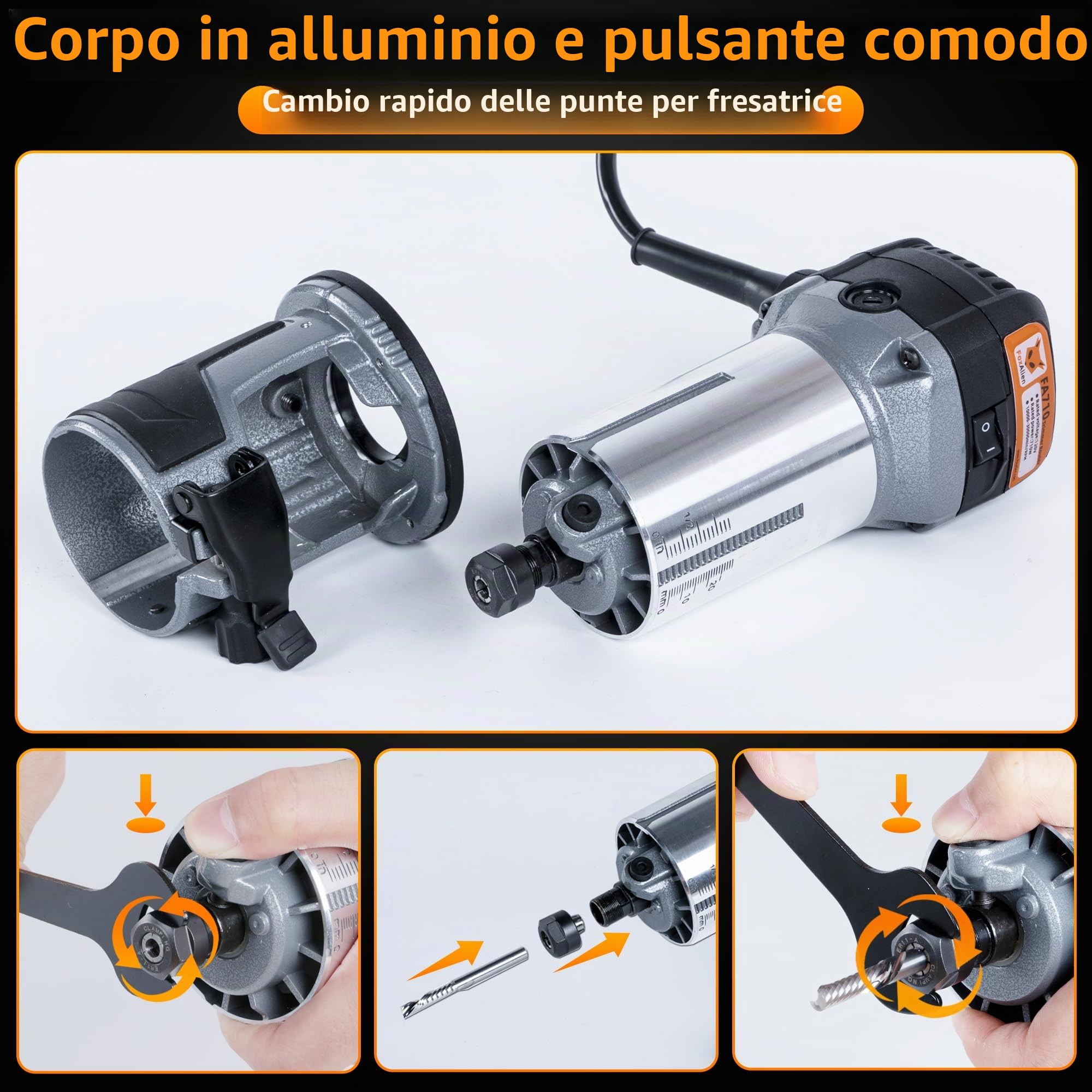 FoxAlien 1 HP 710 W 65 mm di diametro Compact Palm Router per fresatrice CNC, 6 velocità variabili Max 30000 R/MIN legno Trimmer con 1/4" Collect