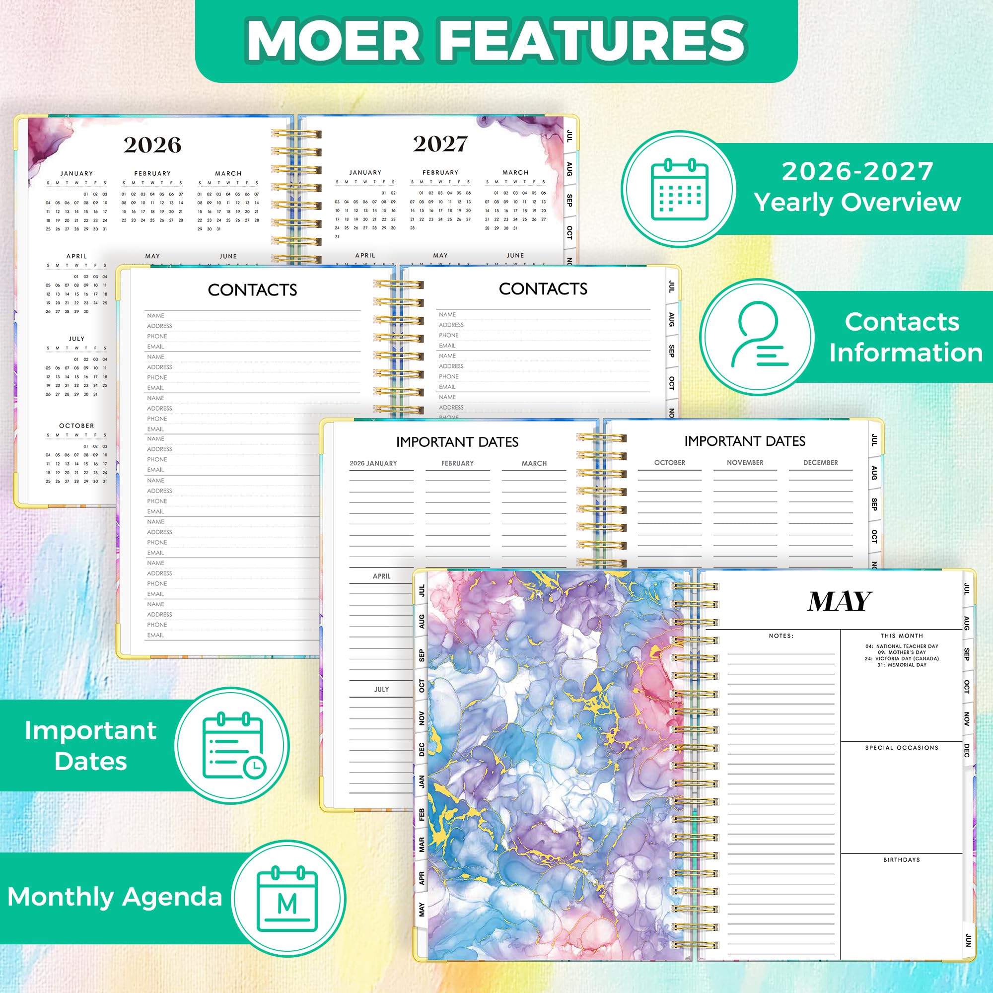 Planner 2026-2027, agenda settimanale e mensile 18 mesi, gennaio 2026 - giugno 2027, 22,9 x 29,5 cm, calendario con copertina rigida con linguette per pagina, pagina separatore, tasca interna