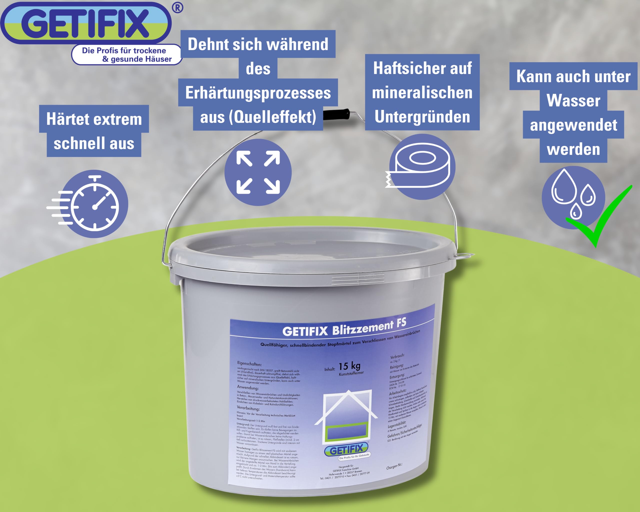 Blitzzement FS 15 kg Eimer – Außen und Innen, wasserdicht, zum äußerst schnellen Verschließen von Wassereinbrüchen und Undichtigkeiten in Beton-, Mauerwerk-, und Natursteinkonstruktionen