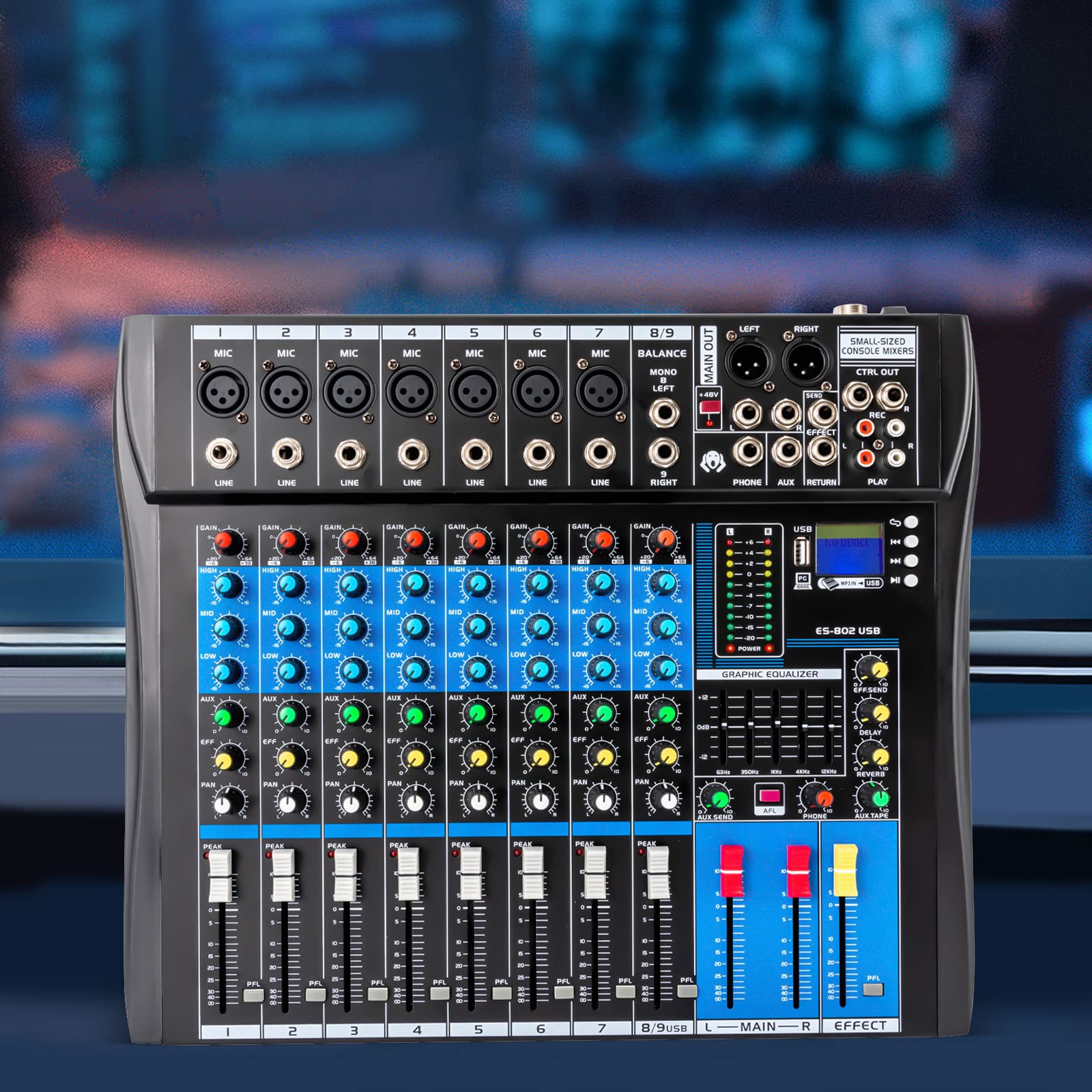 Professionelle 8 Kanal Stereo Sound Mischkonsole, Mischpult mit USB Bluetooth DJ Live Audio Mixer mit LCD-Anzeige mit Hall-Delay-Effekt für Heim-KTV, Aufnahmestudios, Live-Streaming, 48V Phantom Power